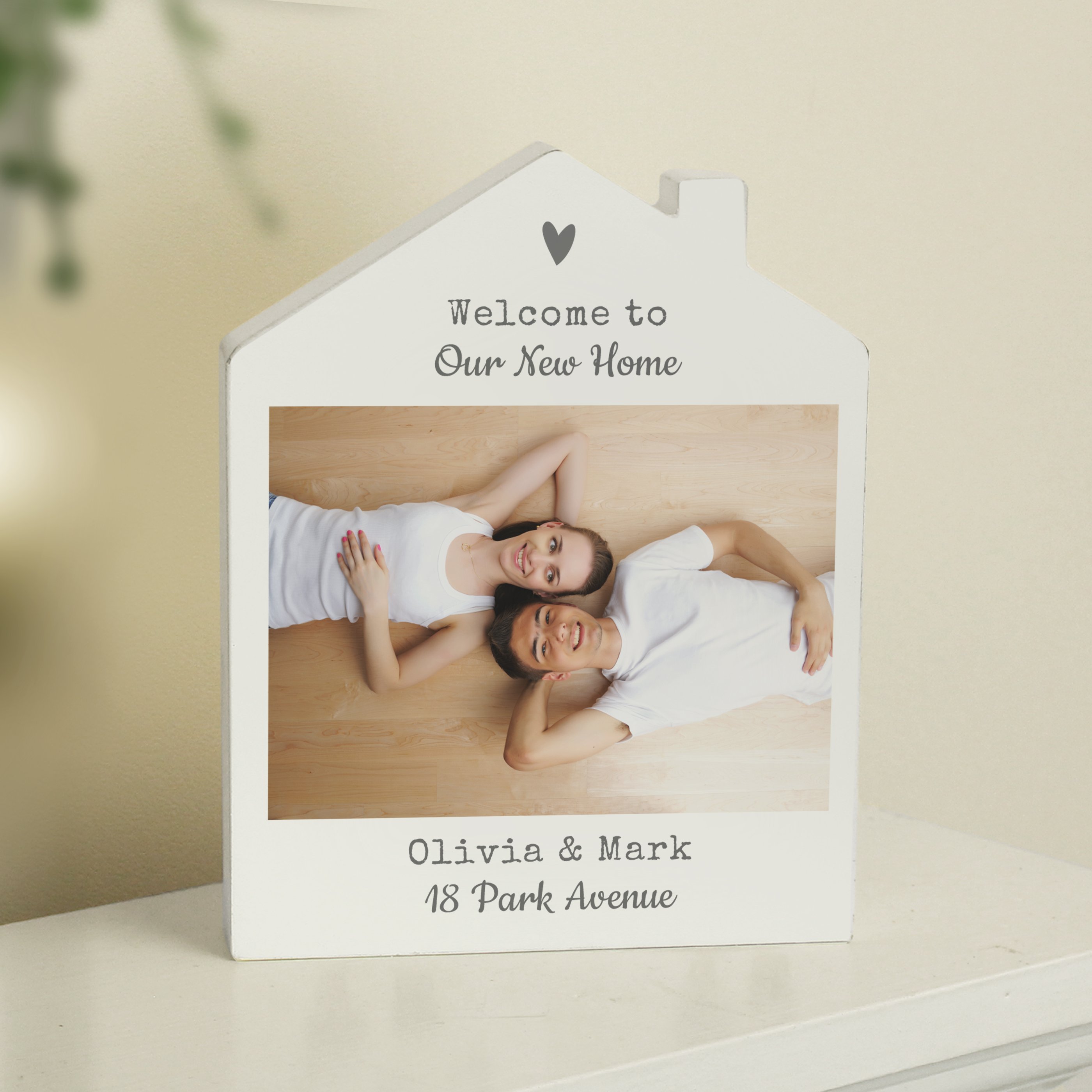 Personalised Grey Heart Photo Upload Wooden House Plaque