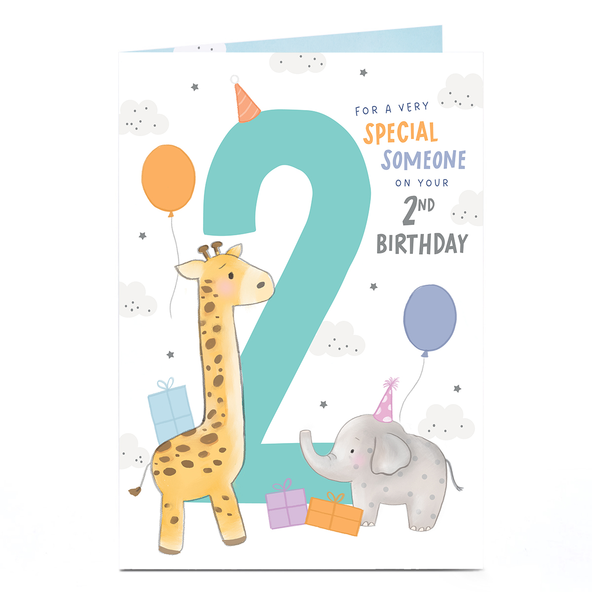 2nd Birthday Card - Baby Elephant and Giraffe