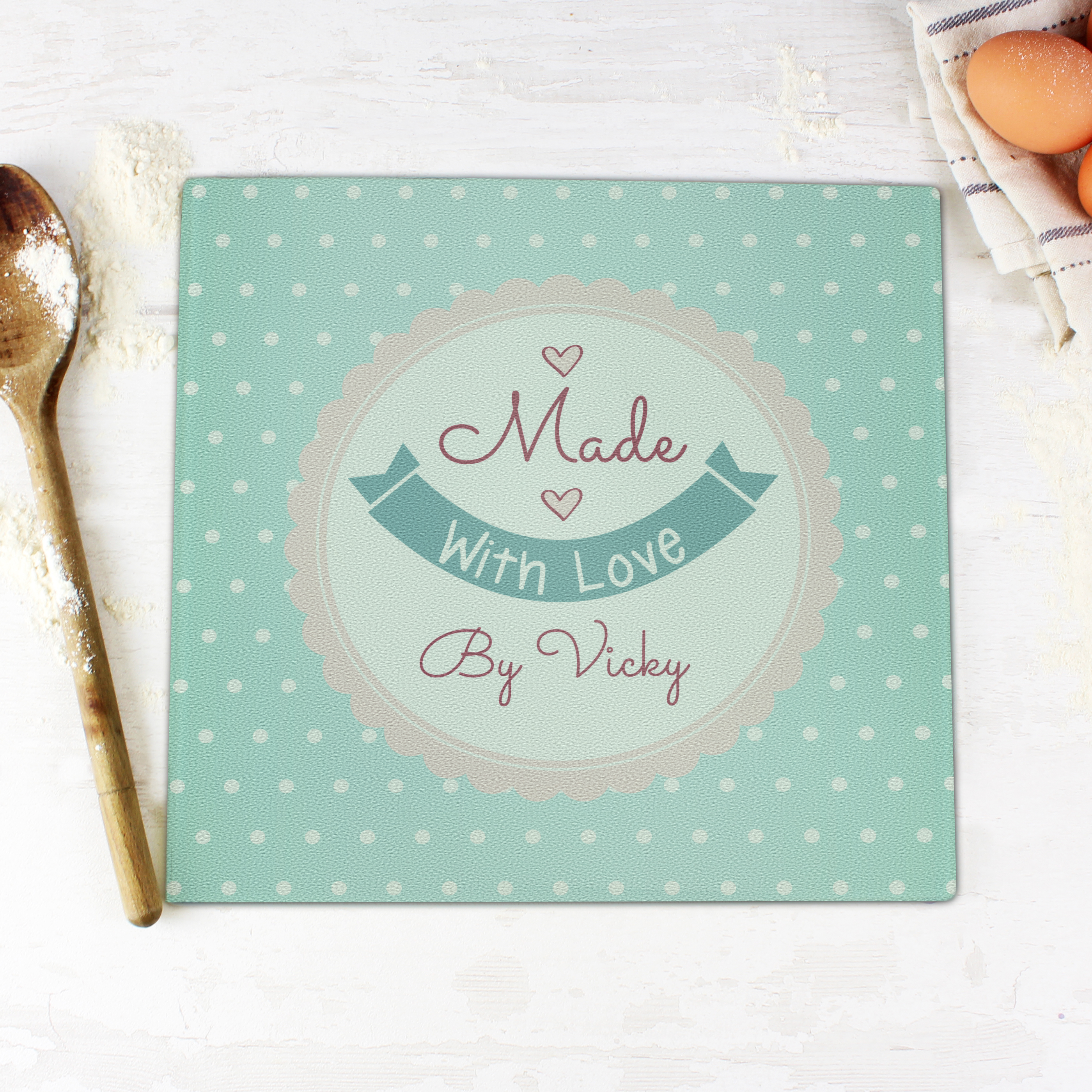 Personalised Made with Love Glass Chopping Board