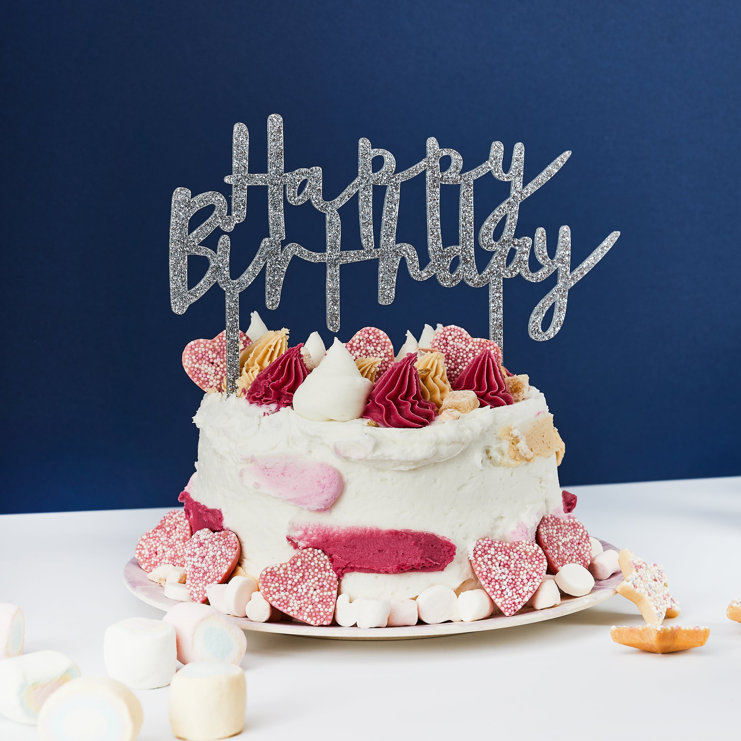 Metallic Silver Happy Birthday Glitter Acrylic Cake Topper