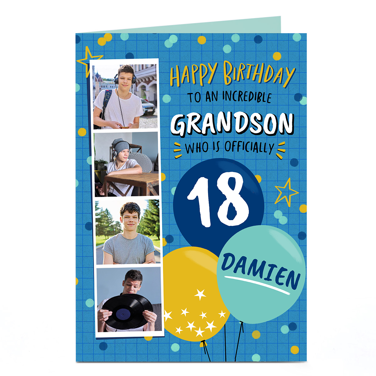 Photo Birthday Card - Blue & Yellow Balloons, Editable Age