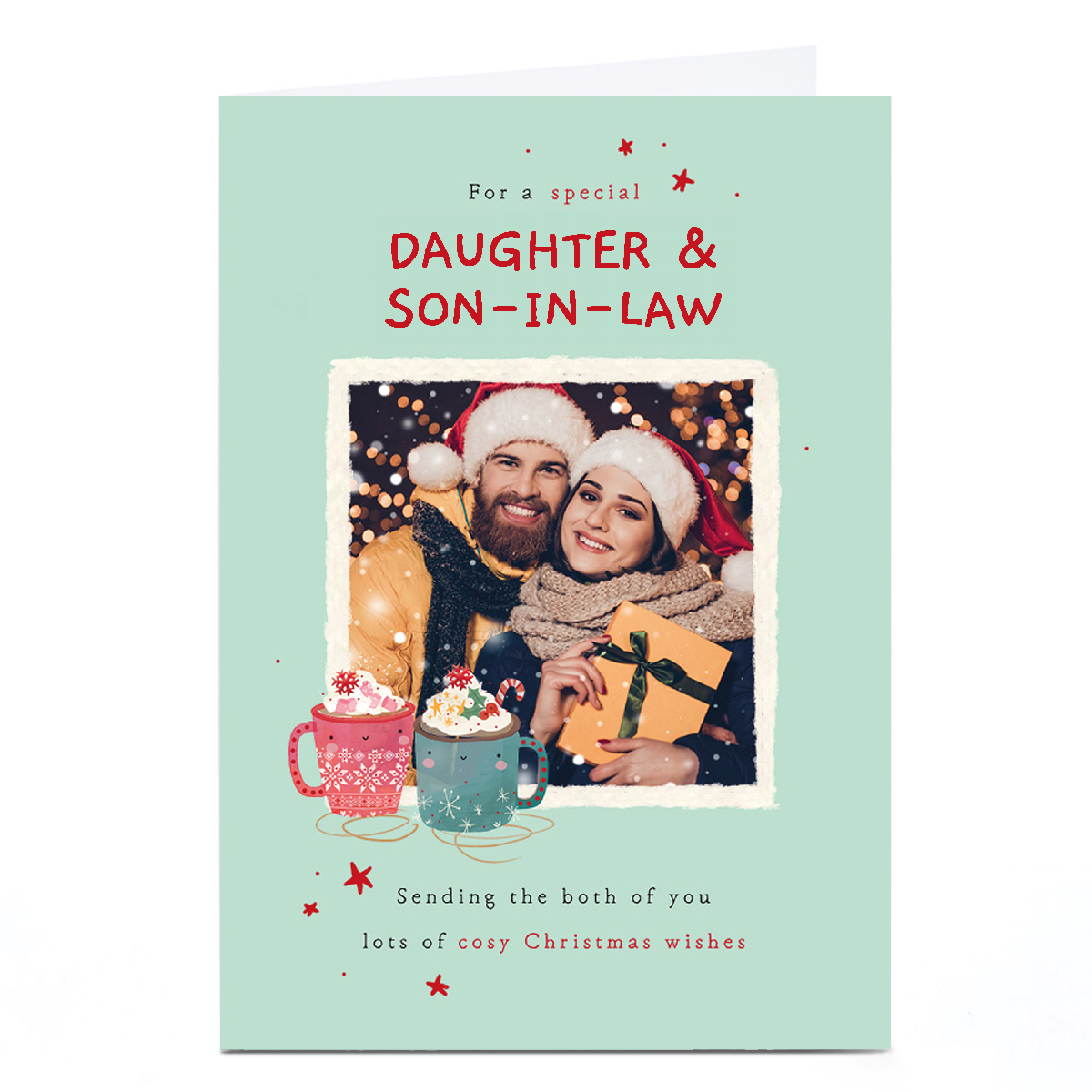 Photo Christmas Card - Cosy Christmas Wishes Hot Chocolate, Daughter and Son in Law