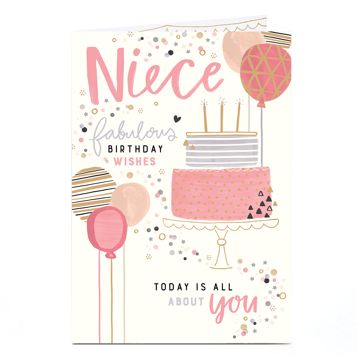 Birthday Card - Fabulous Pink Cake and Balloons, Niece