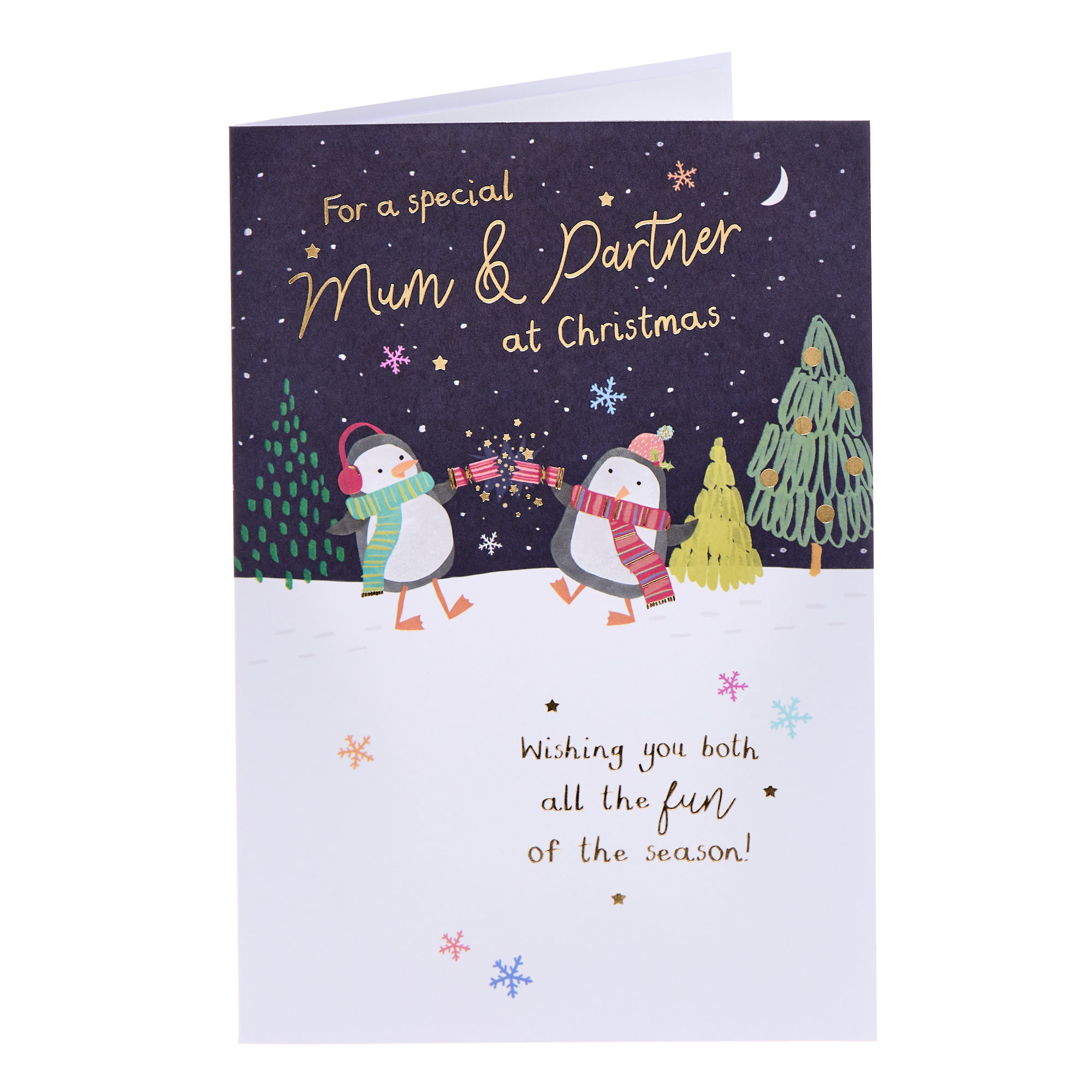 Buy Mum & Partner Penguins Pulling A Cracker Christmas Card for GBP 1.