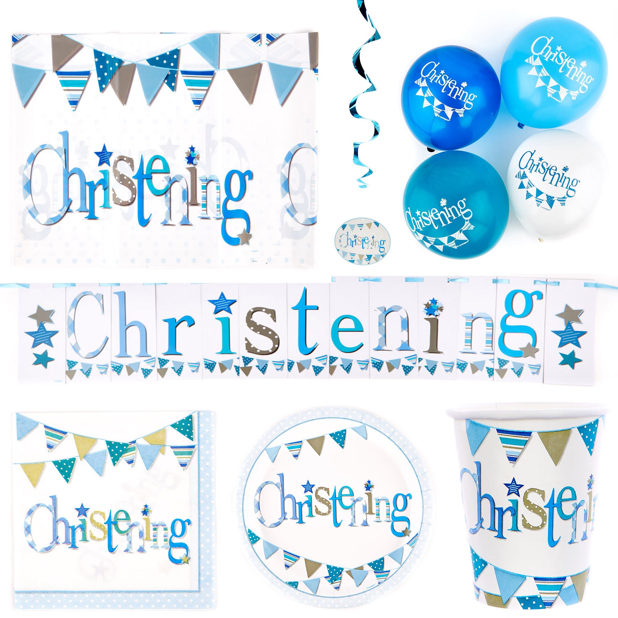 Blue Christening Party Tableware & Decoration Bundle - 16 Guests