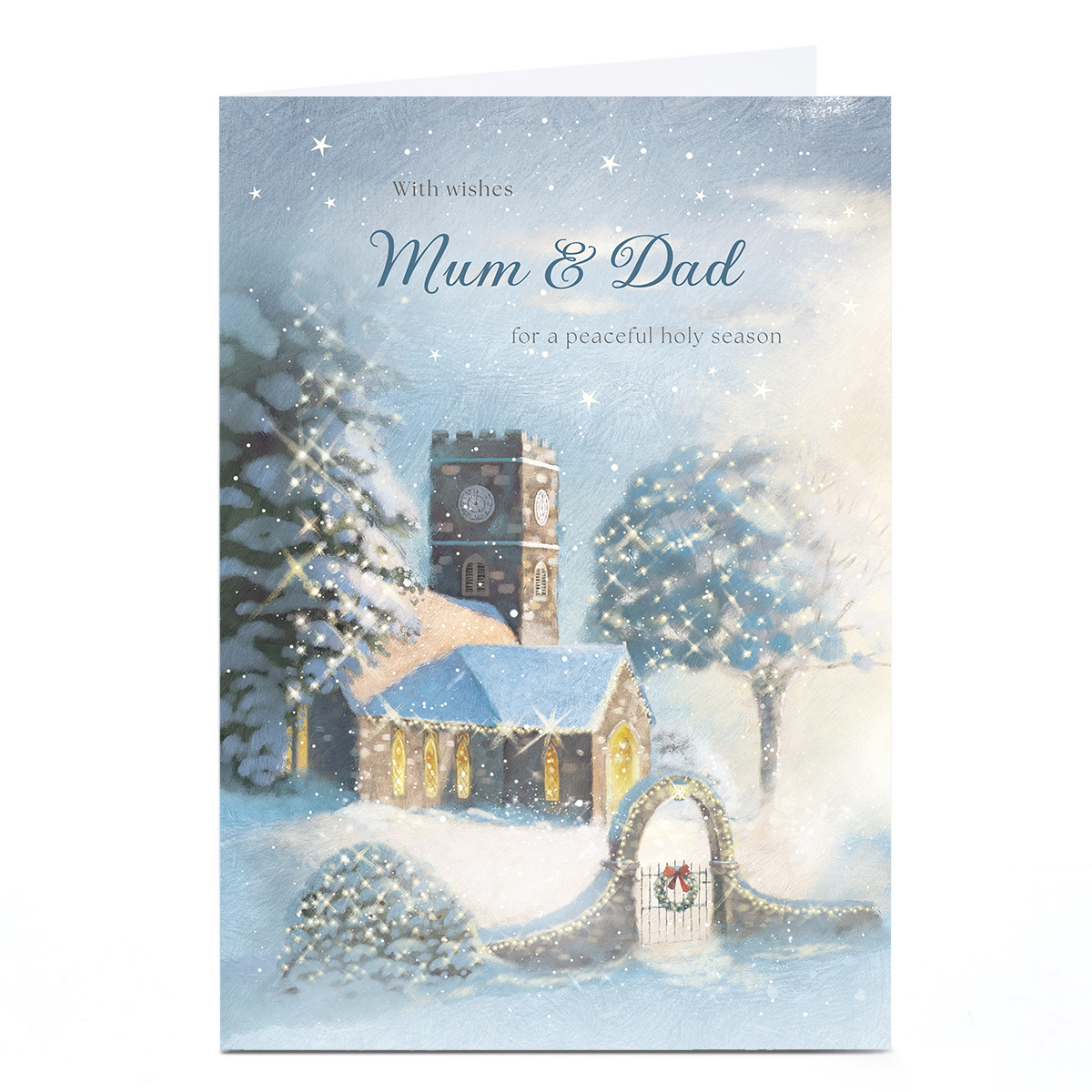 Personalised Christmas Card - Peaceful Snowy Church, Mum & Dad