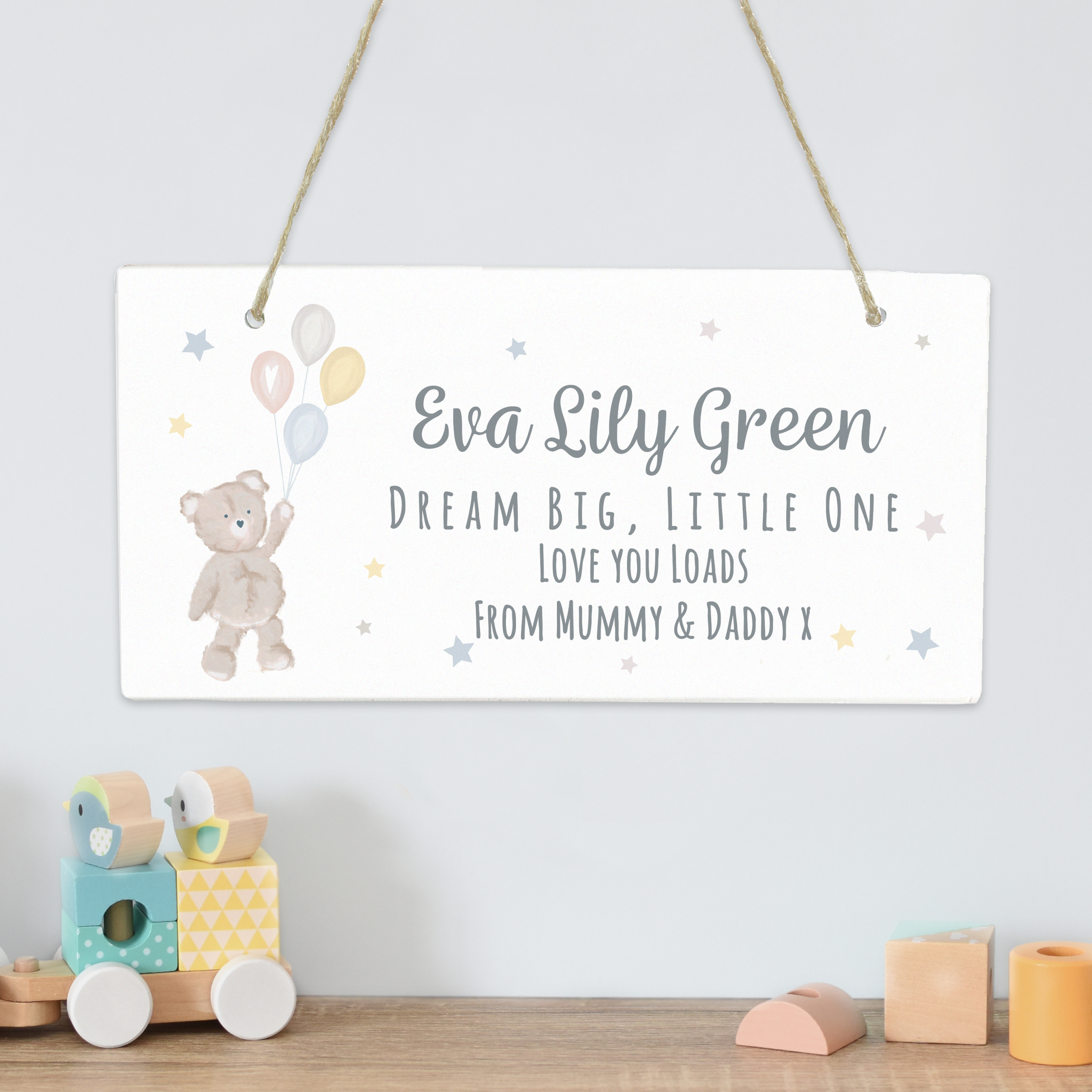 Personalised Teddy & Balloons White Wooden Sign