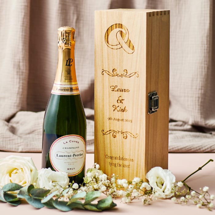 Engraved Wooden Box With Laurent-Perrier Champagne - Wedding Rings