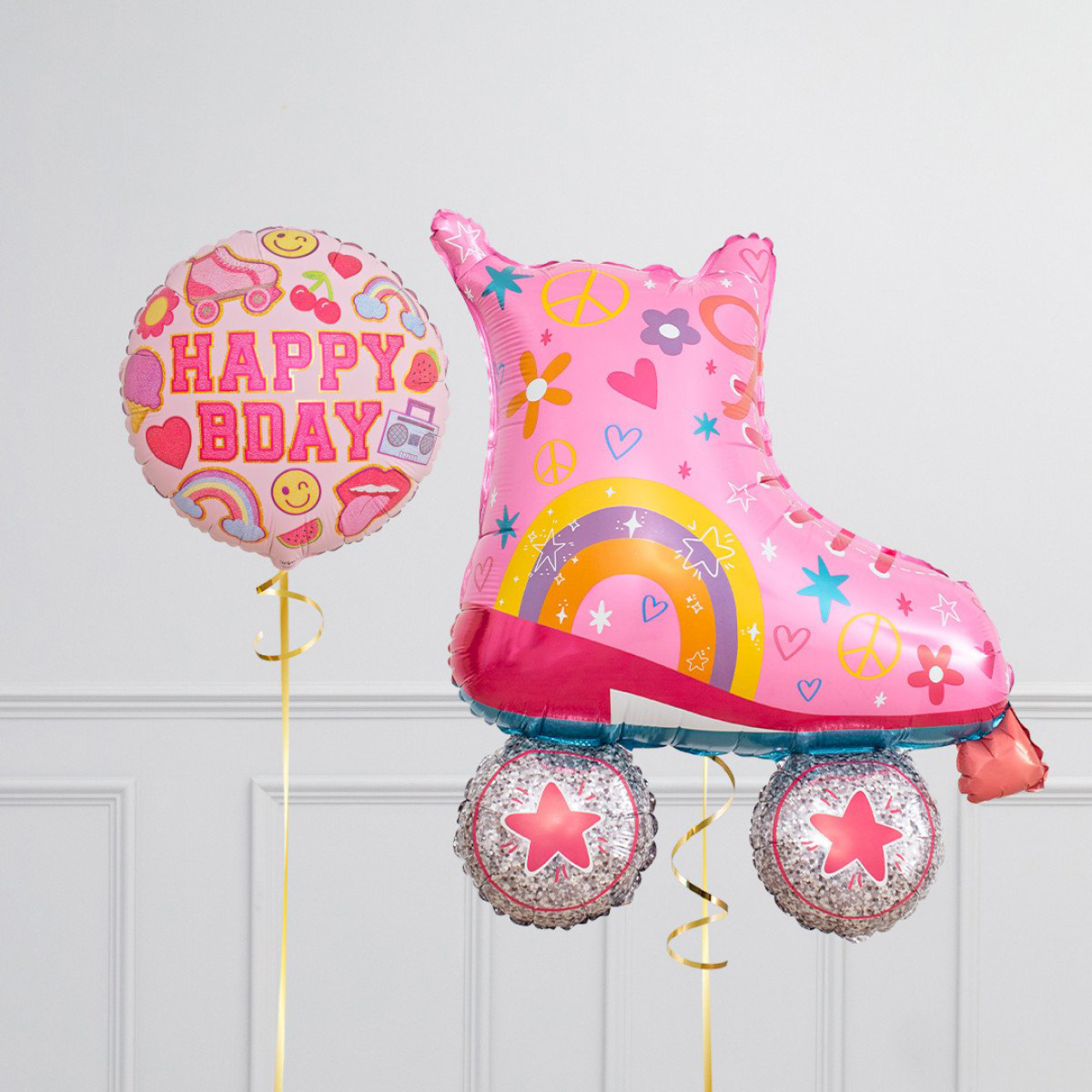 Rainbow Rollerskate Birthday Supershape & Foil Balloon Package - Delivered Inflated!