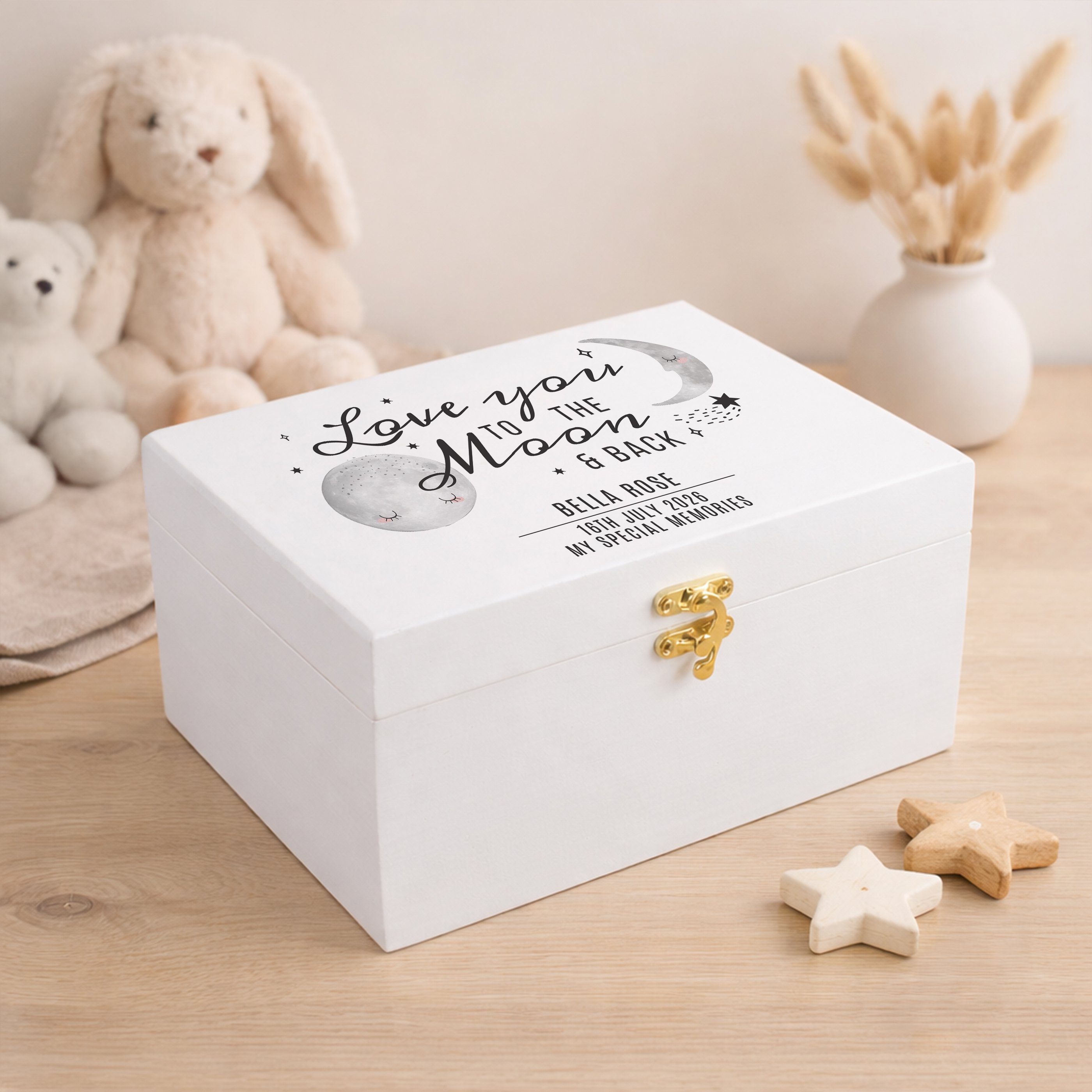 Personalised Baby To The Moon & Back White Wooden Keepsake Box