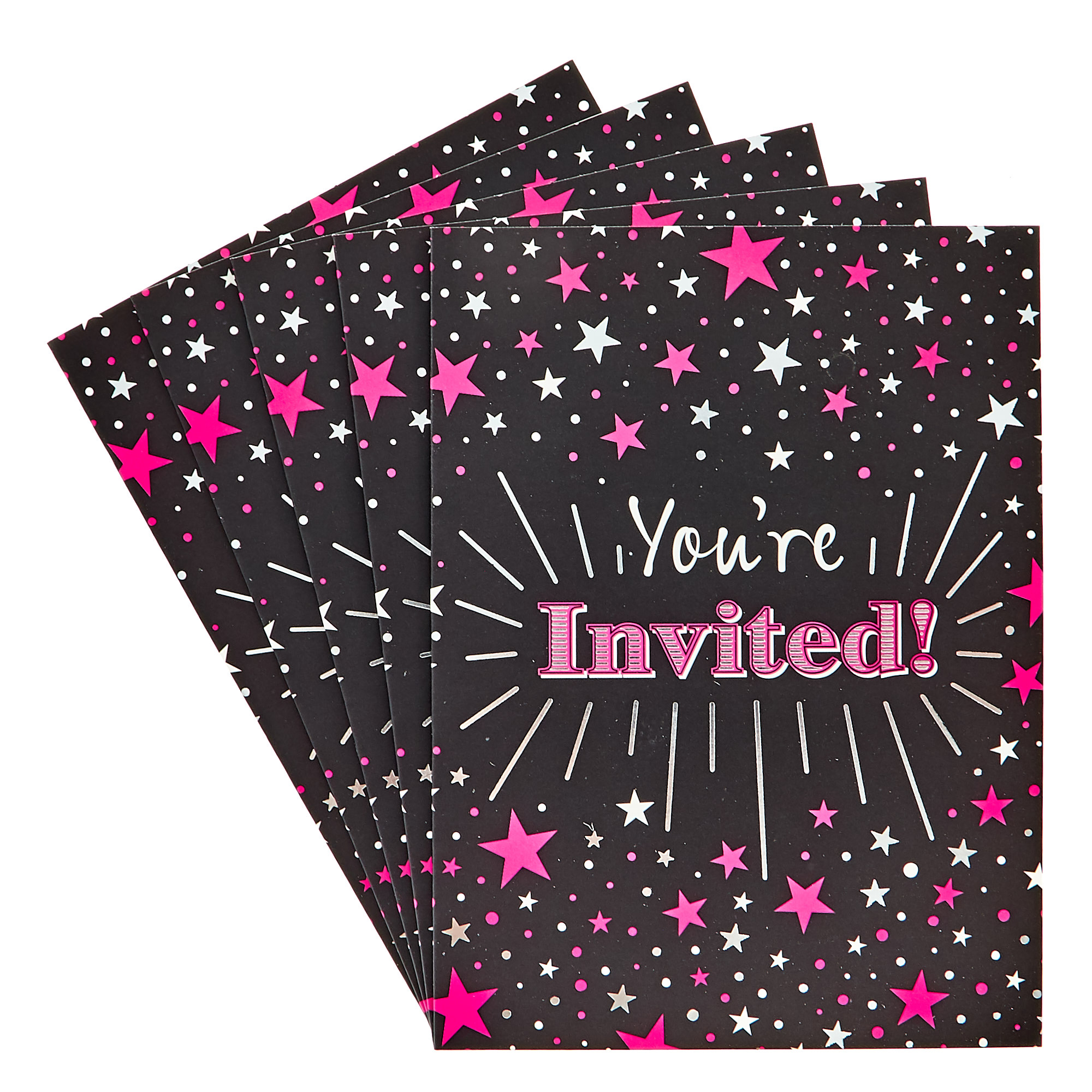 Pink & Silver Stars Party Invitation Cards - Pack Of 12