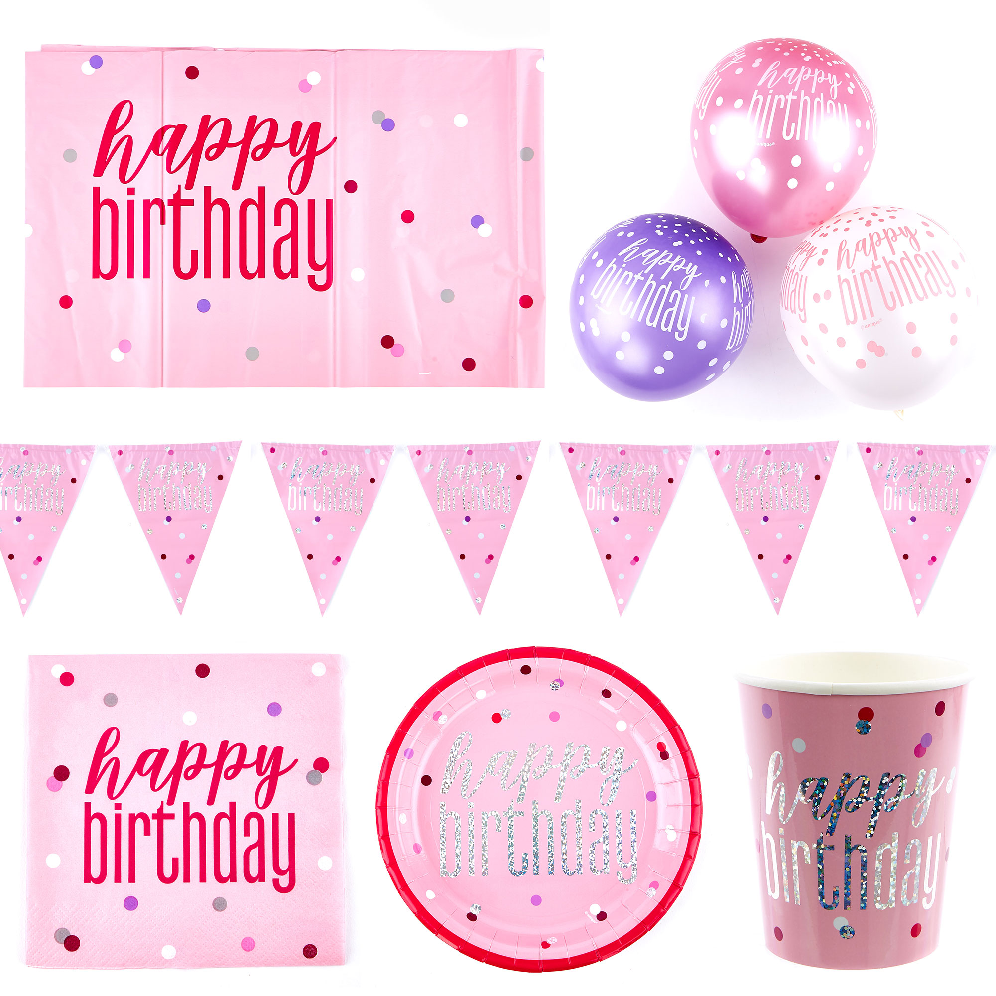 Pink Happy Birthday Party Tableware & Decorations Bundle - 16 Guests