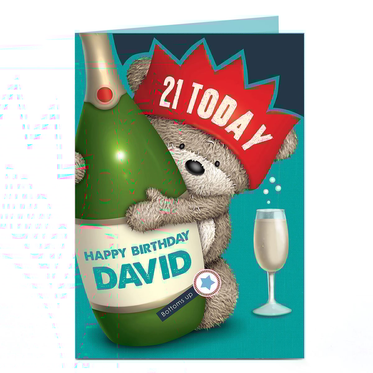 Personalised Hugs Bear 21st Birthday Card - Champagne