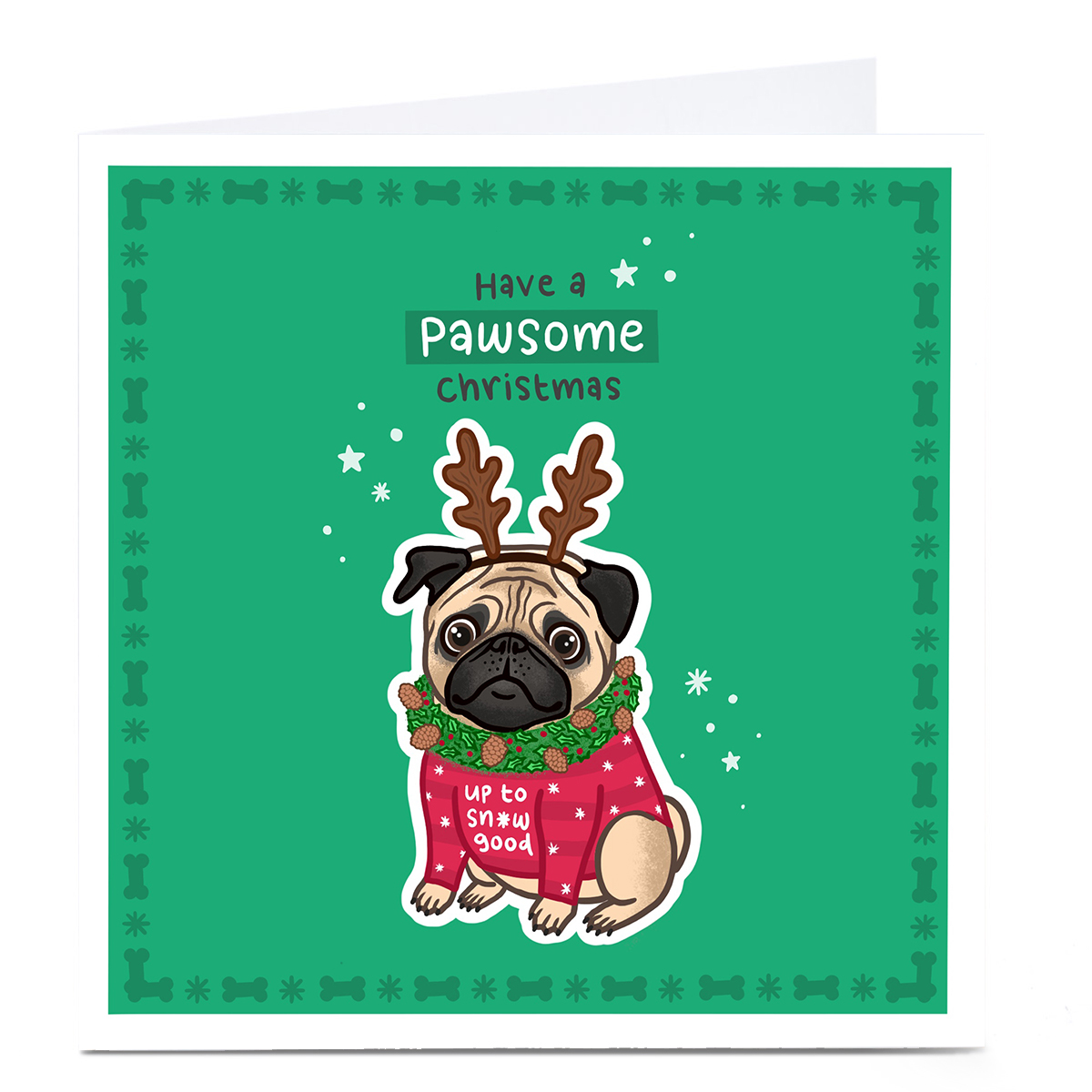 Personalised Blue Kiwi Chrismas Card - Pug Antlers