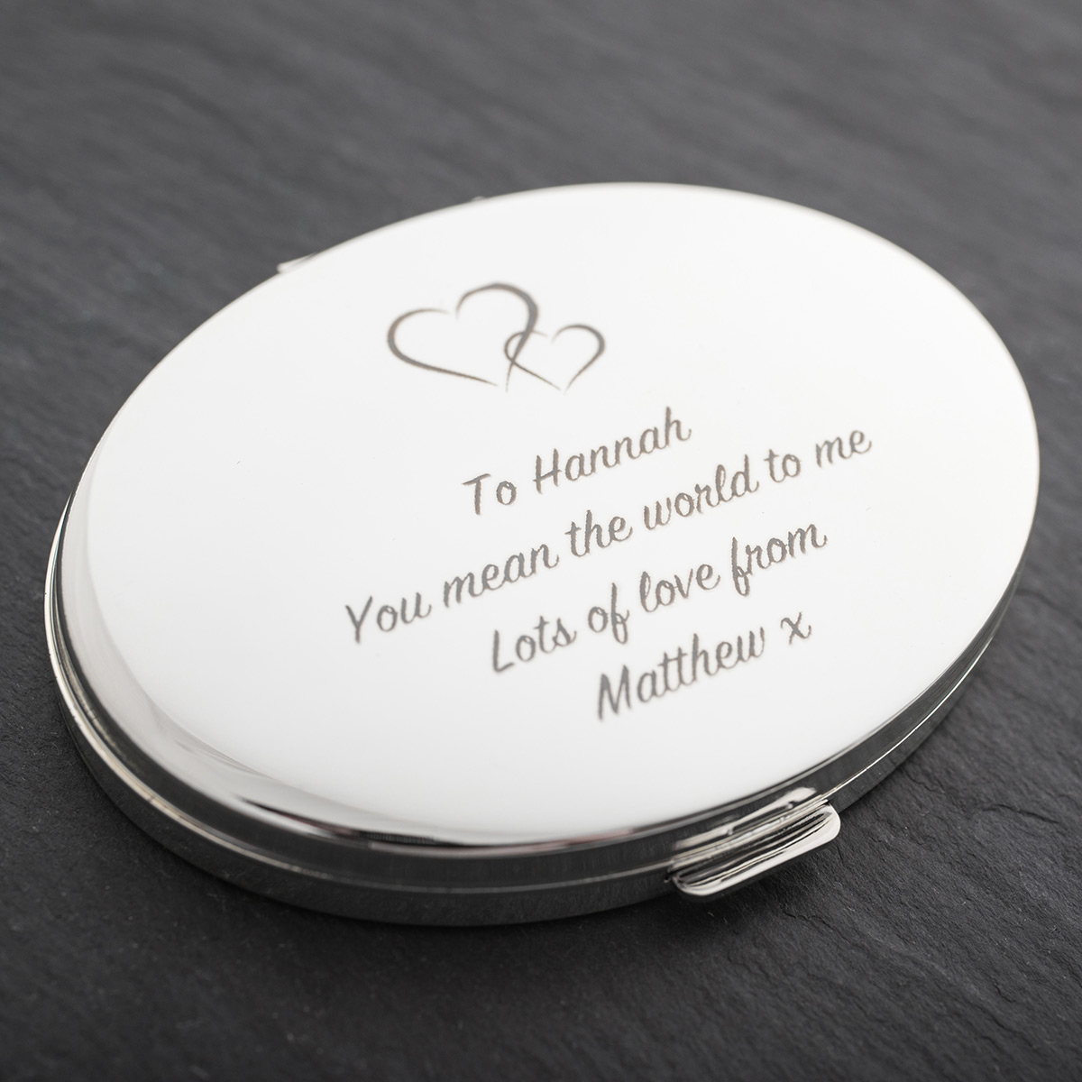 Personalised Engraved Silver Oval Compact Mirror With Hearts