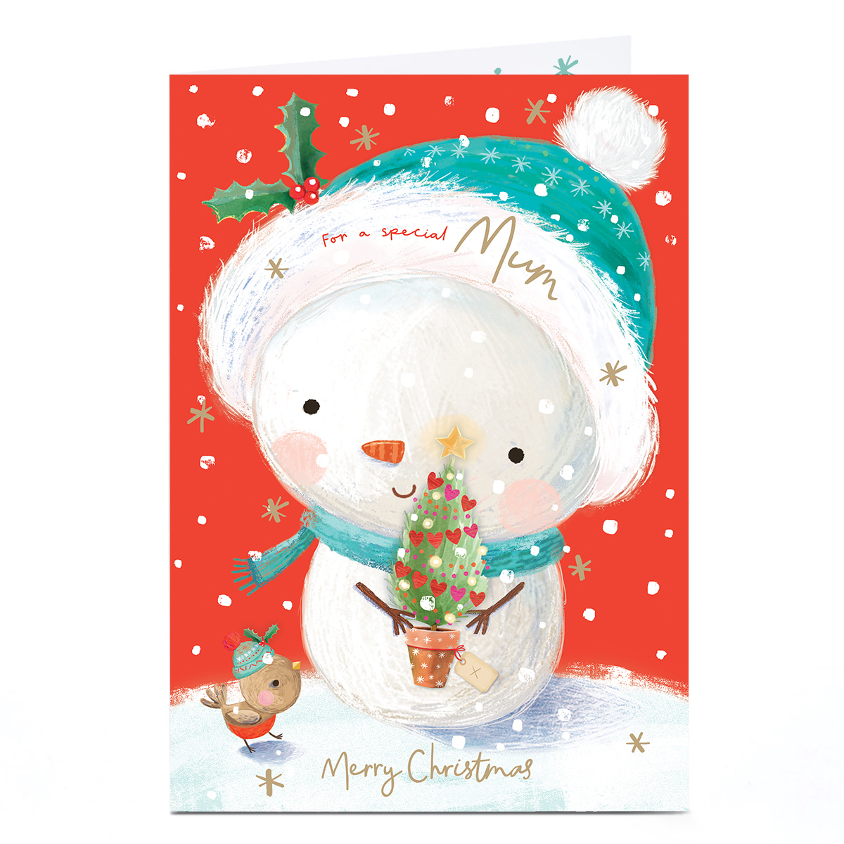 Christmas Card - Cute Snowman With Pot, For A Special Mum