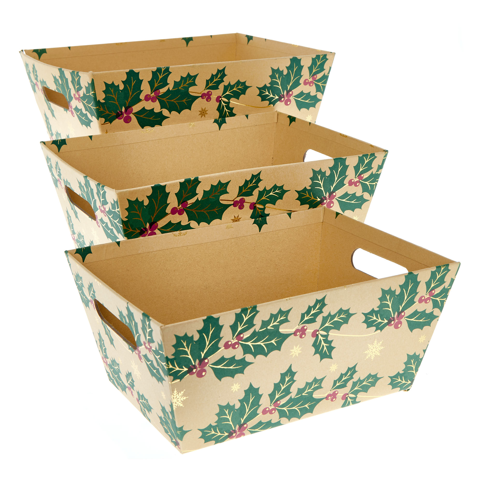 Kraft Holly Christmas Hamper Trays - Pack of 3
