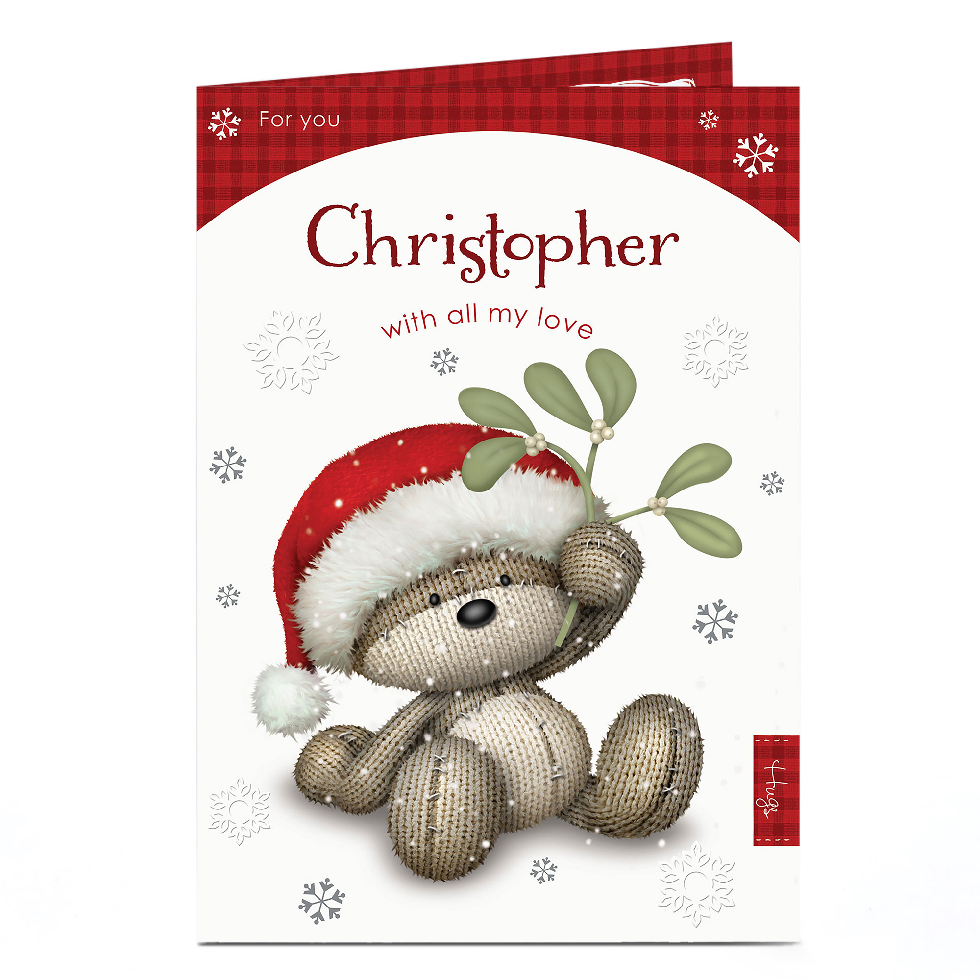 Personalised Hugs Bear Christmas Card - Mistletoe