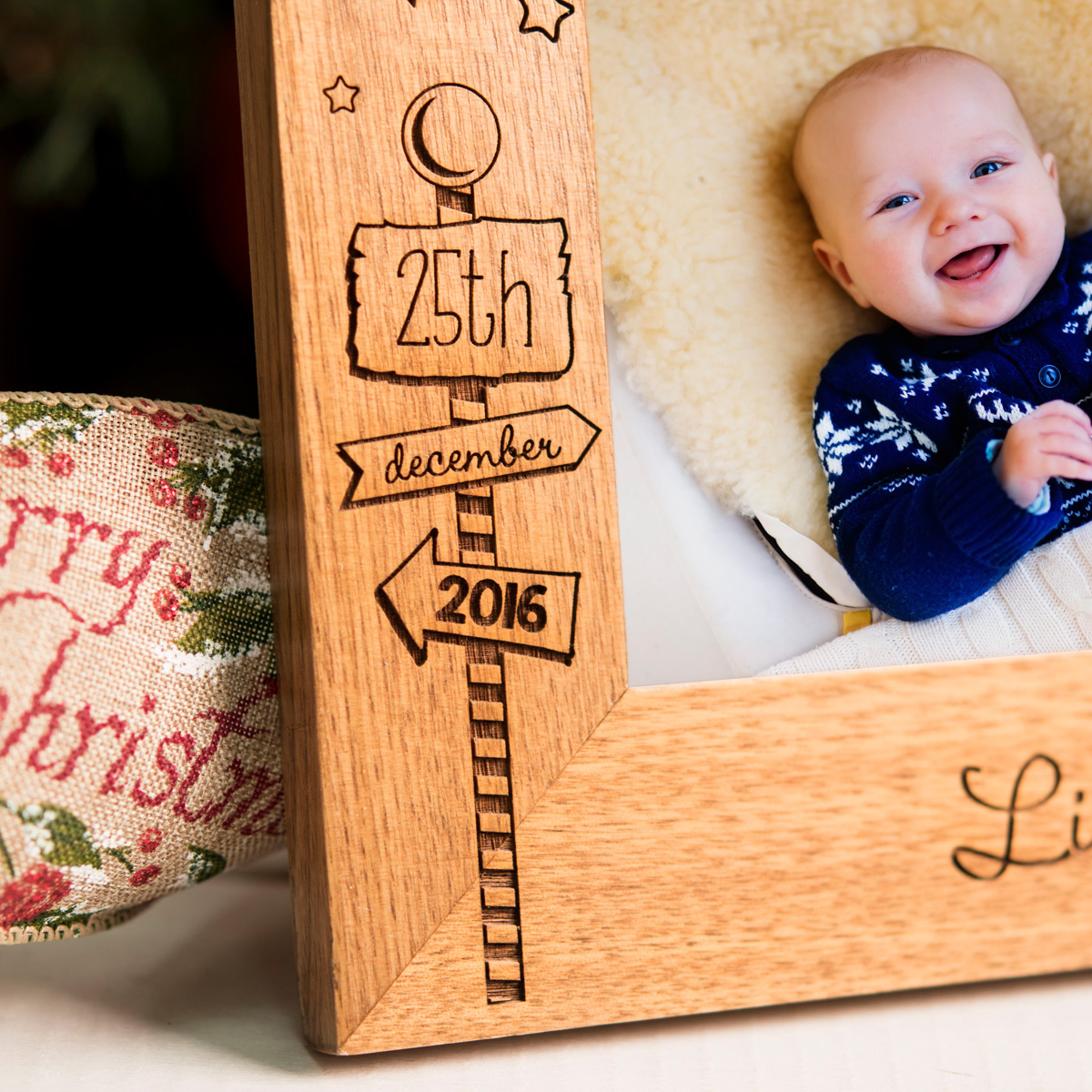 Personalised Engraved Wooden Photo Frame - First Christmas, Signpost