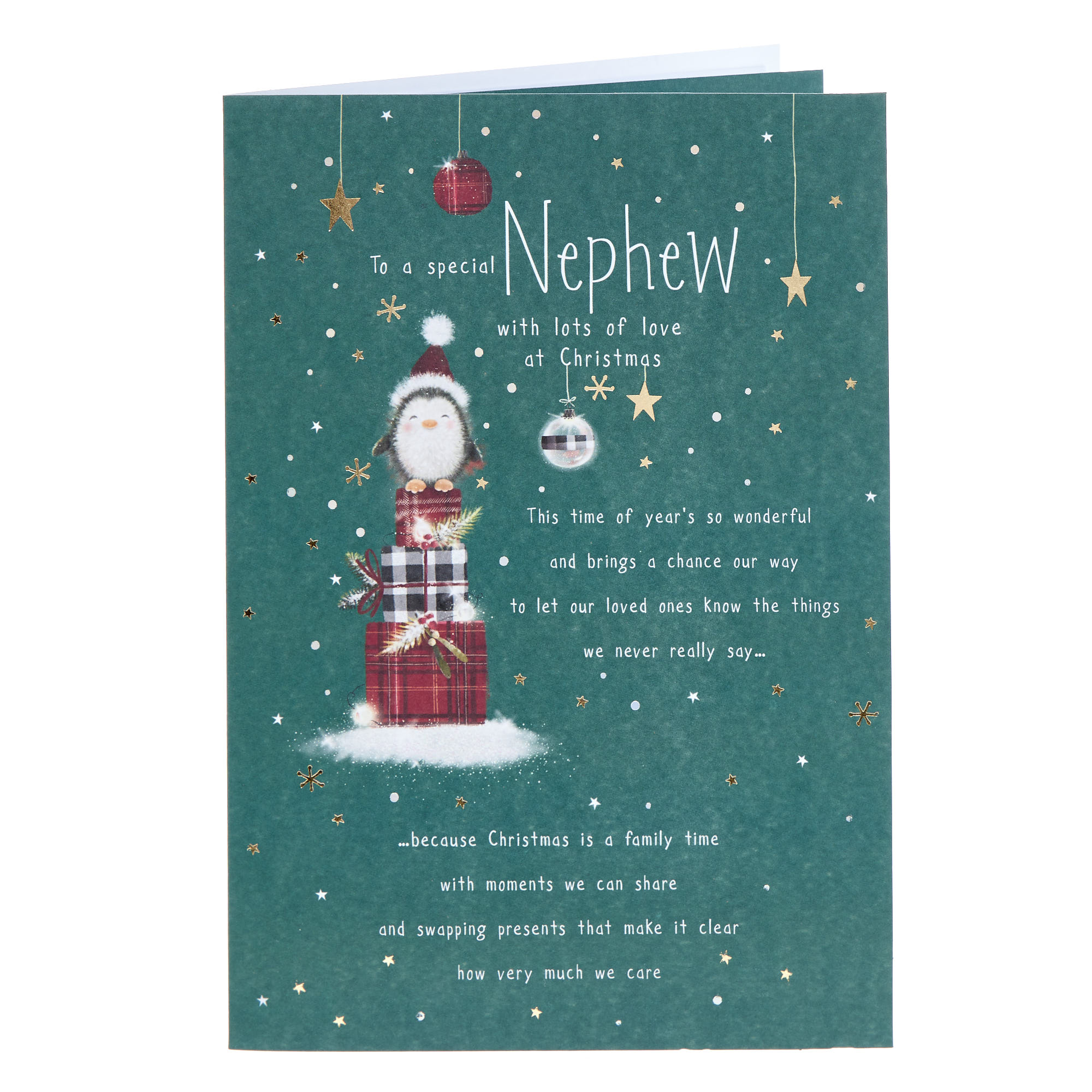 Nephew Penguin & Presents Christmas Card