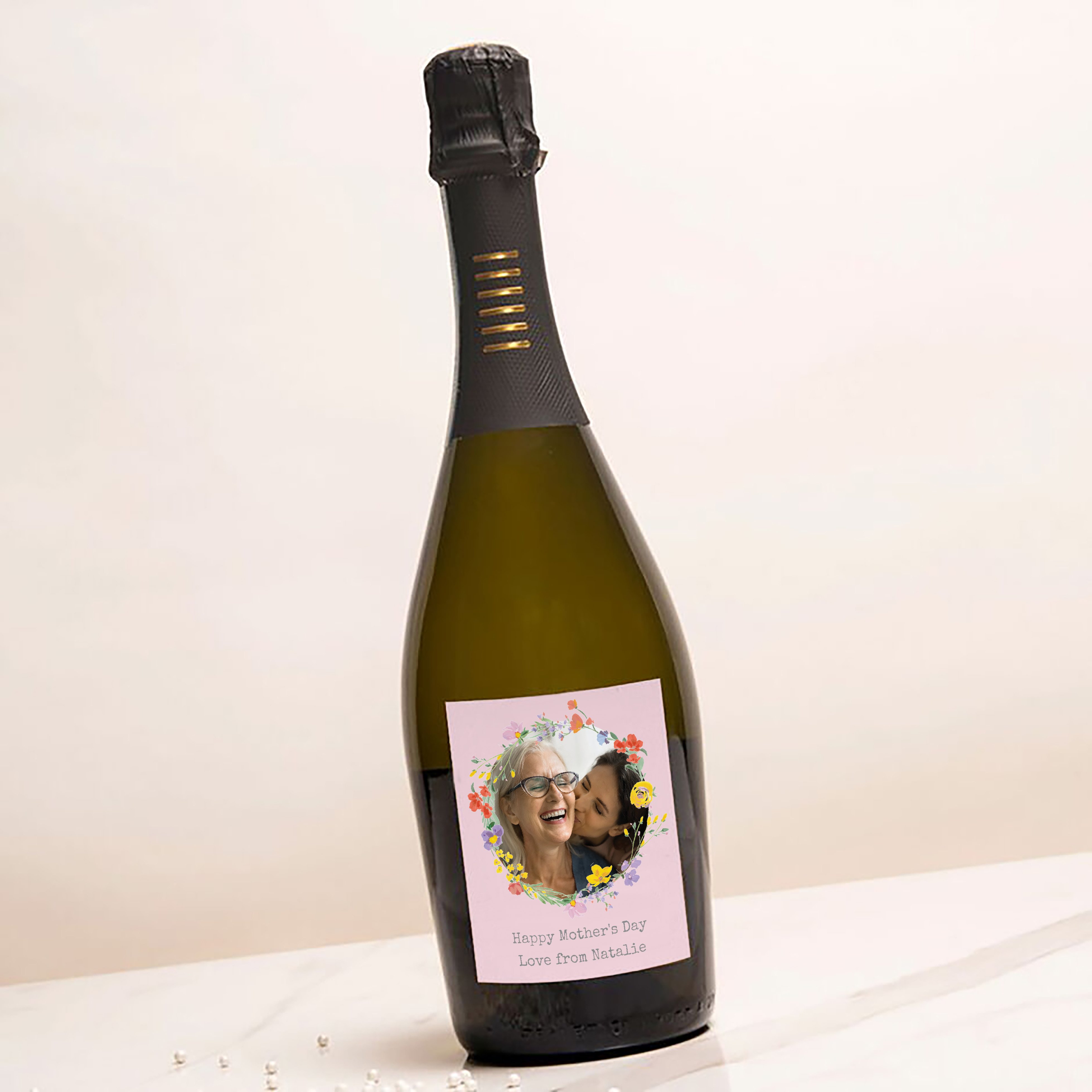 Personalised Prosecco - Photo Upload - Pink Circle of Flowers