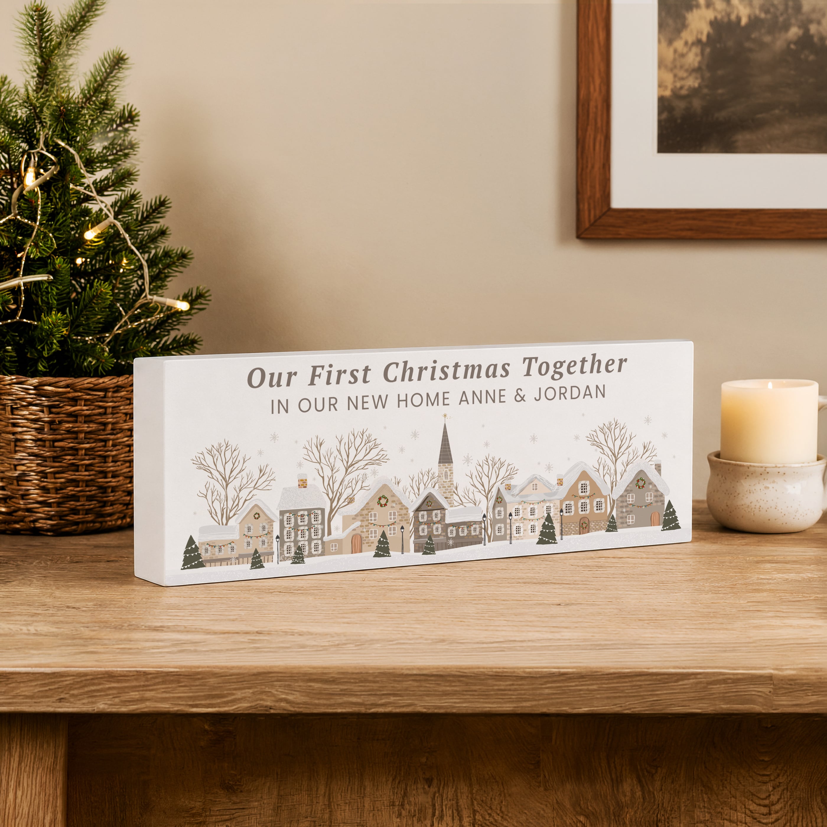 Personalised Christmas House Scene Wooden Mantle Block
