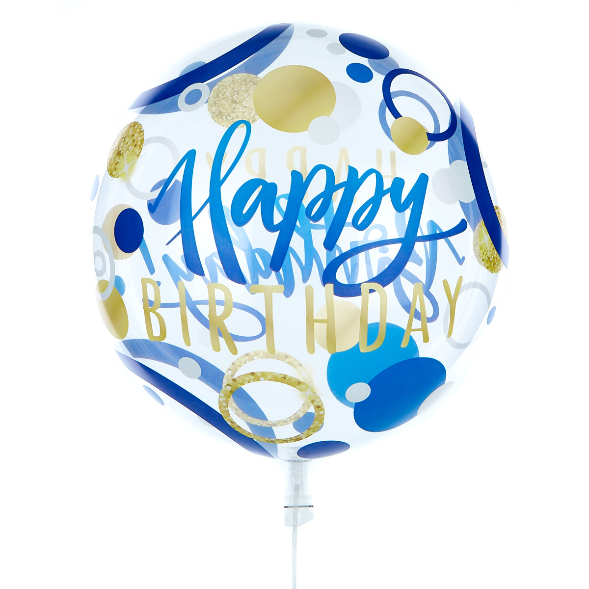 22-Inch Bubble Balloon - Happy Birthday, Blue & Gold Spots - DELIVERED INFLATED!