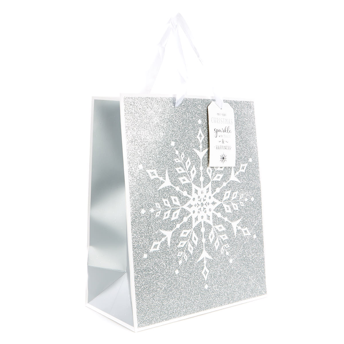 Large Portrait Silver Glitter Snowflake Christmas Gift Bag