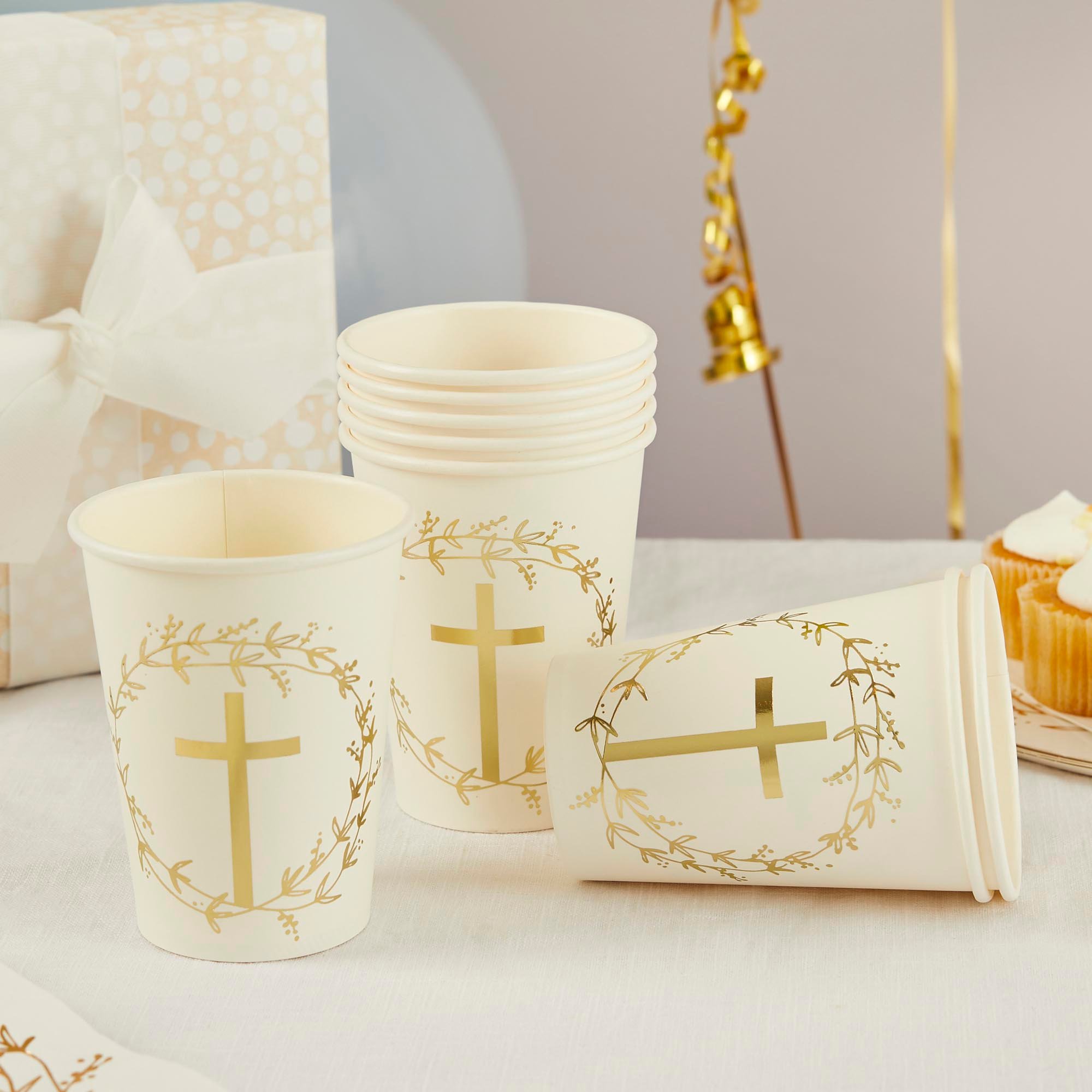 Gold Cross Paper Cups - Pack of 8
