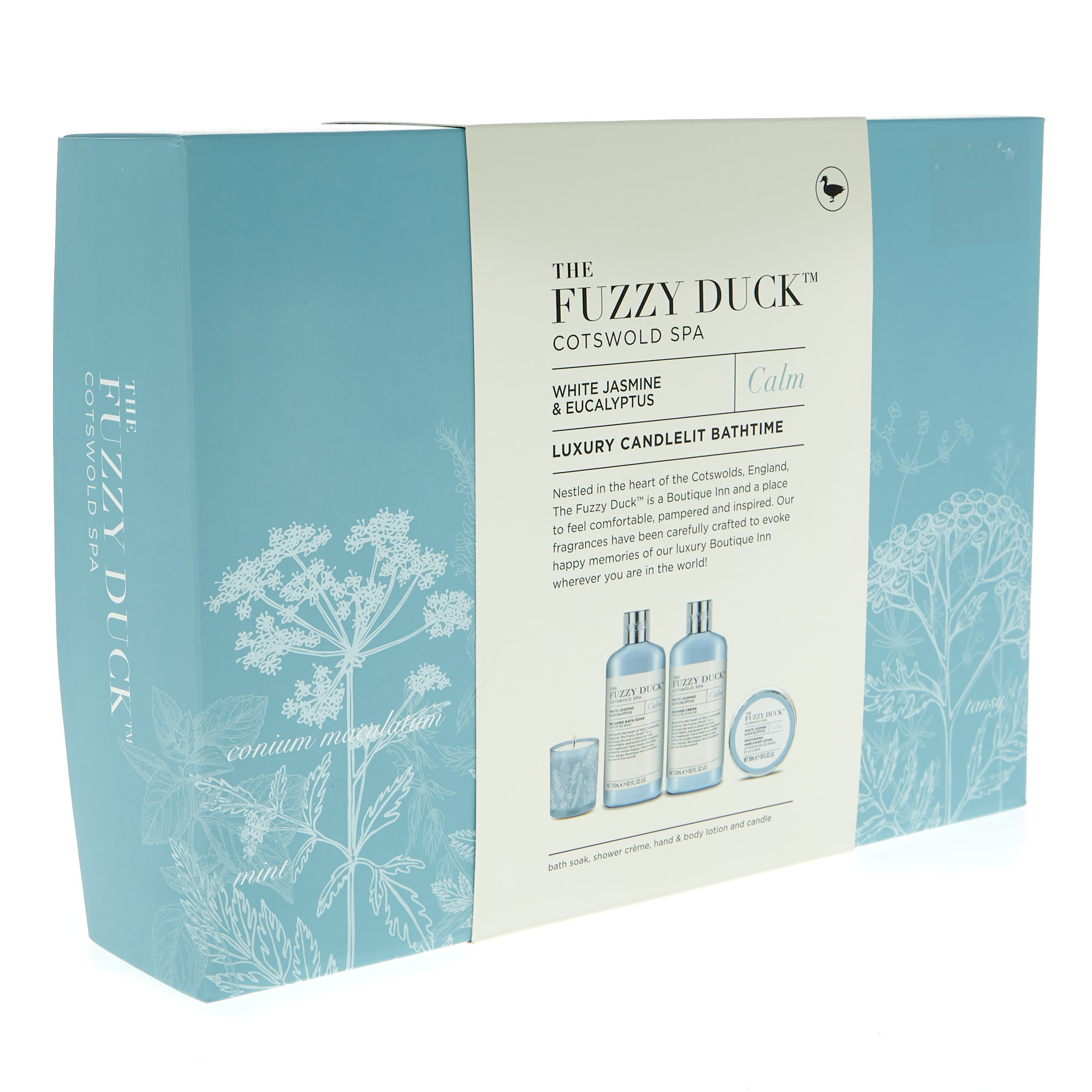 The Fuzzy Duck Cotswold Spa White Jasmine & Eucalyptus Luxury Candlelit Bathtime Set