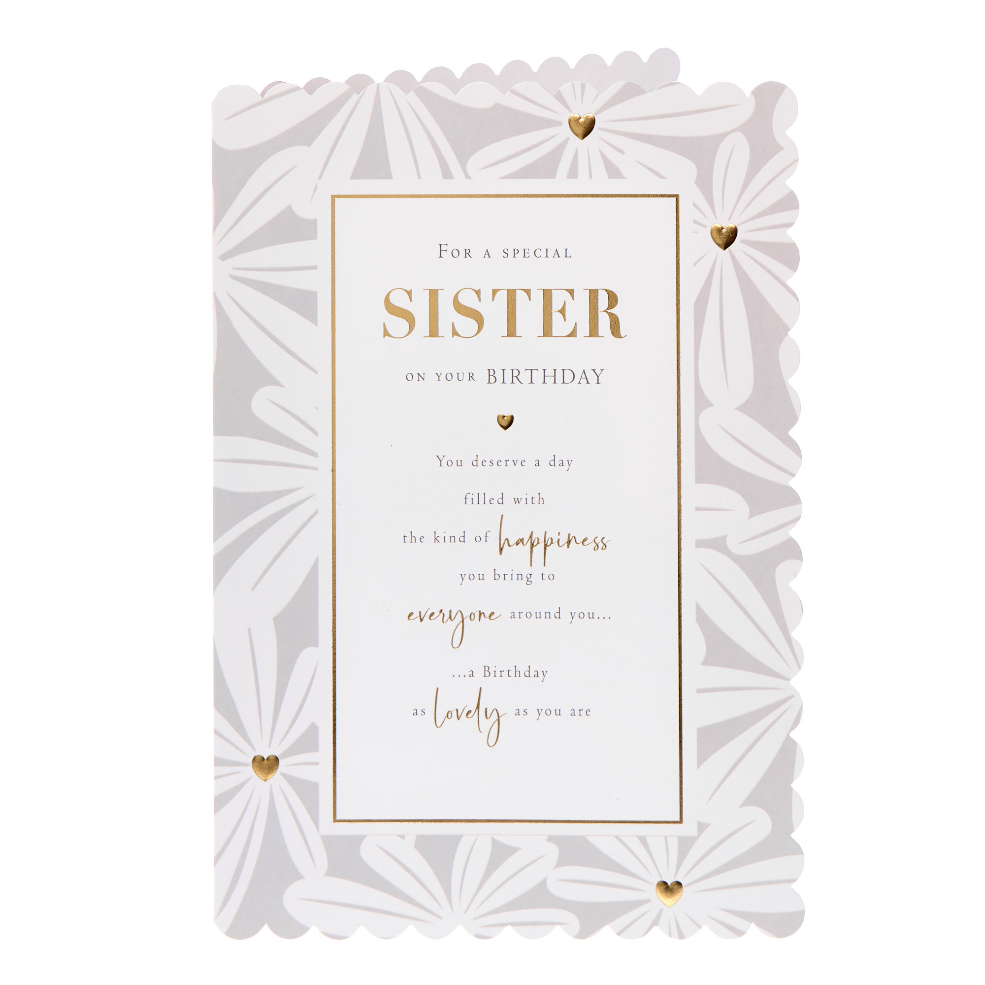 Sister White & Gold Flowers Birthday Card