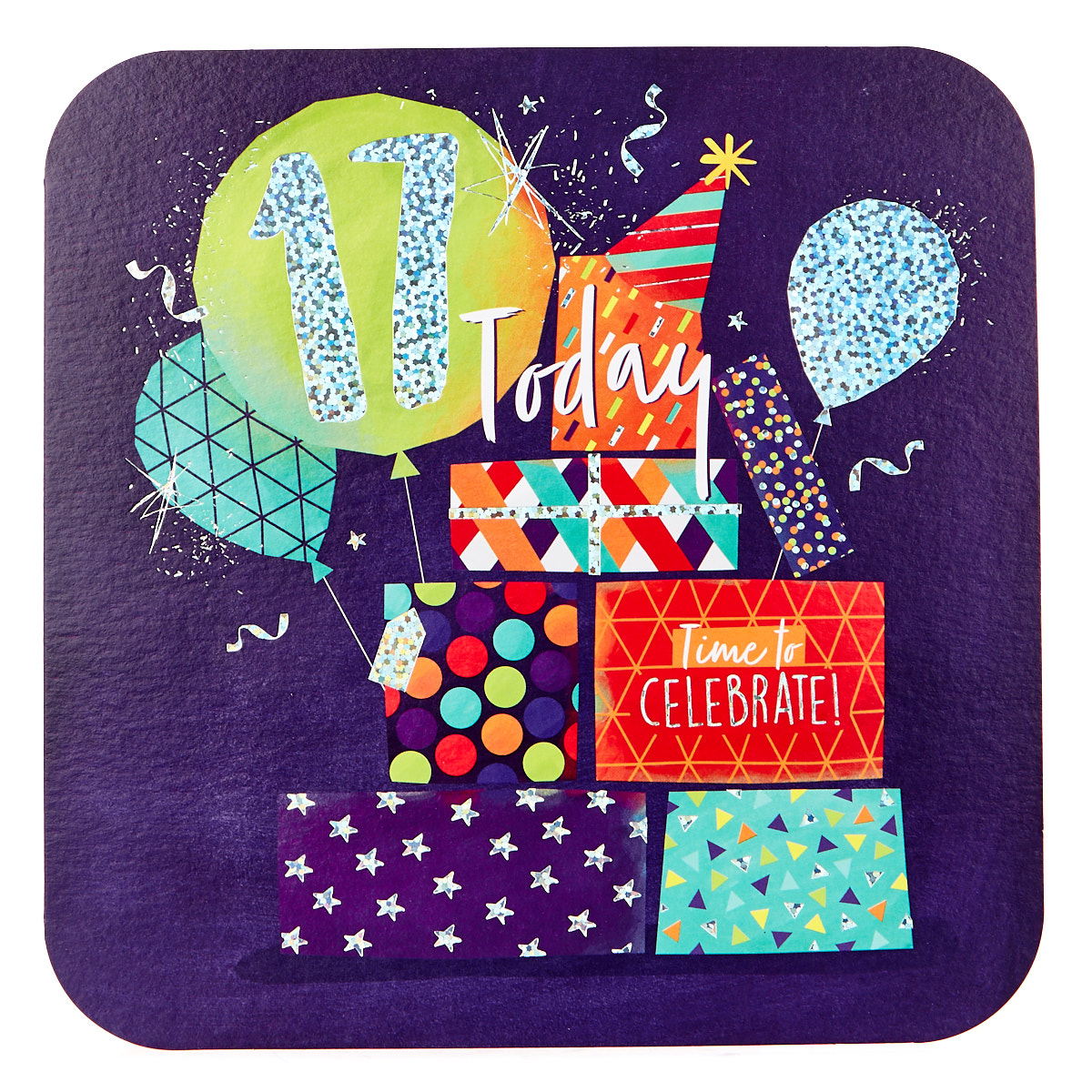Platinum Collection 17th Birthday Card - Presents & Balloons