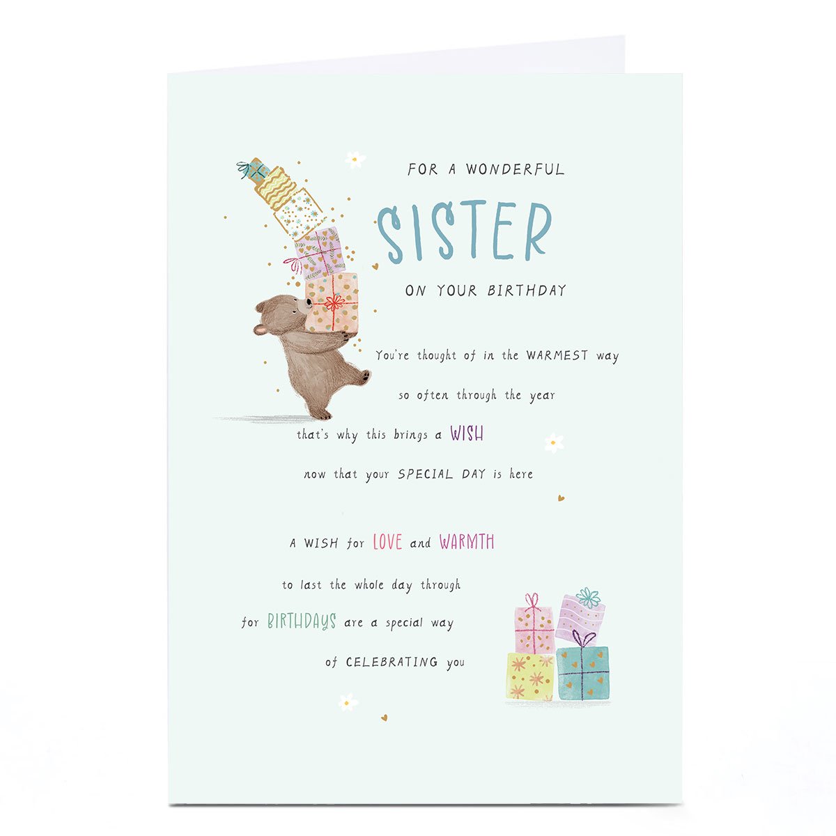 Personalised Birthday Card - Bear with Presents Poem, Sister