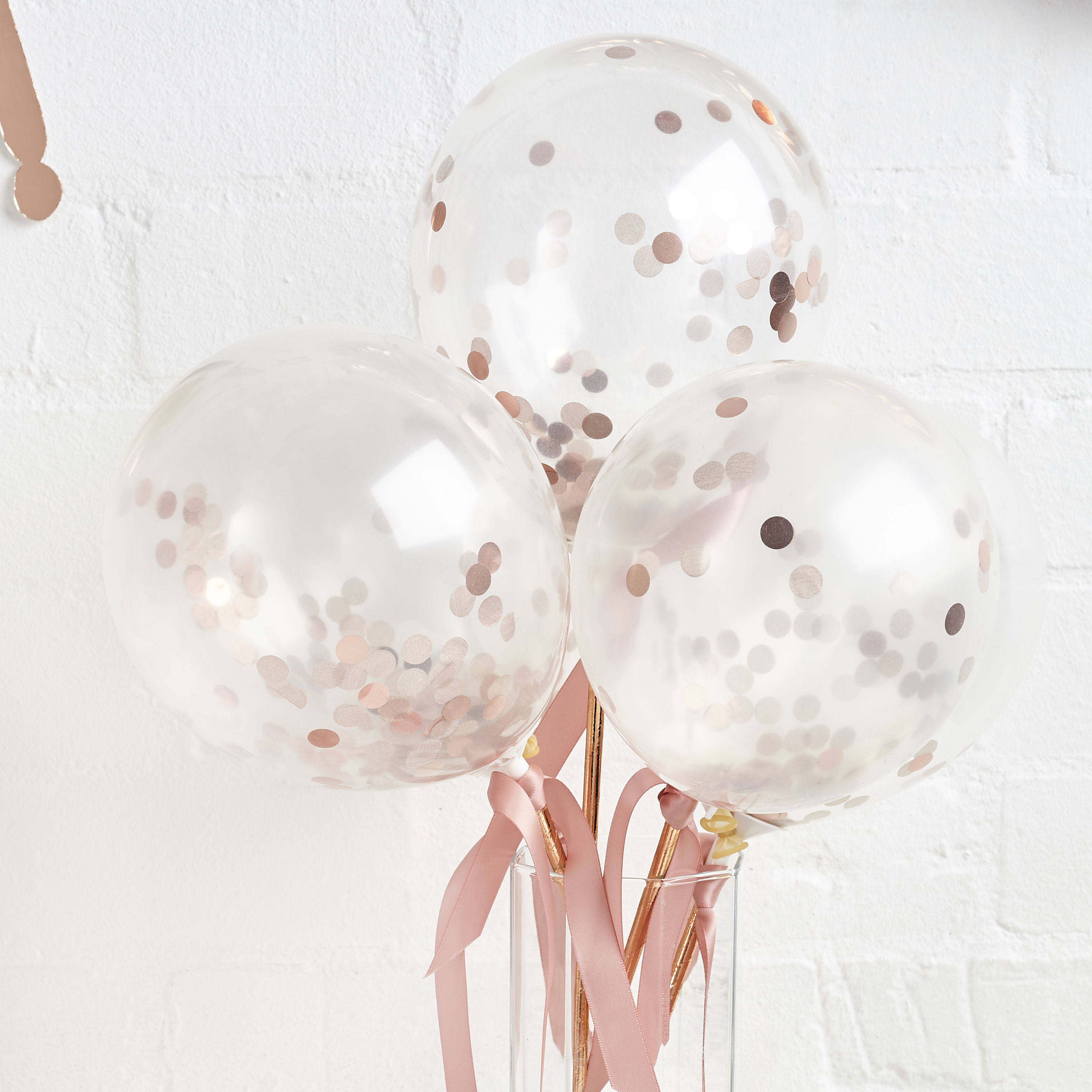 Metallic Rose Gold Mini Confetti 5 Inch Latex Balloons Wands - Pack of 5