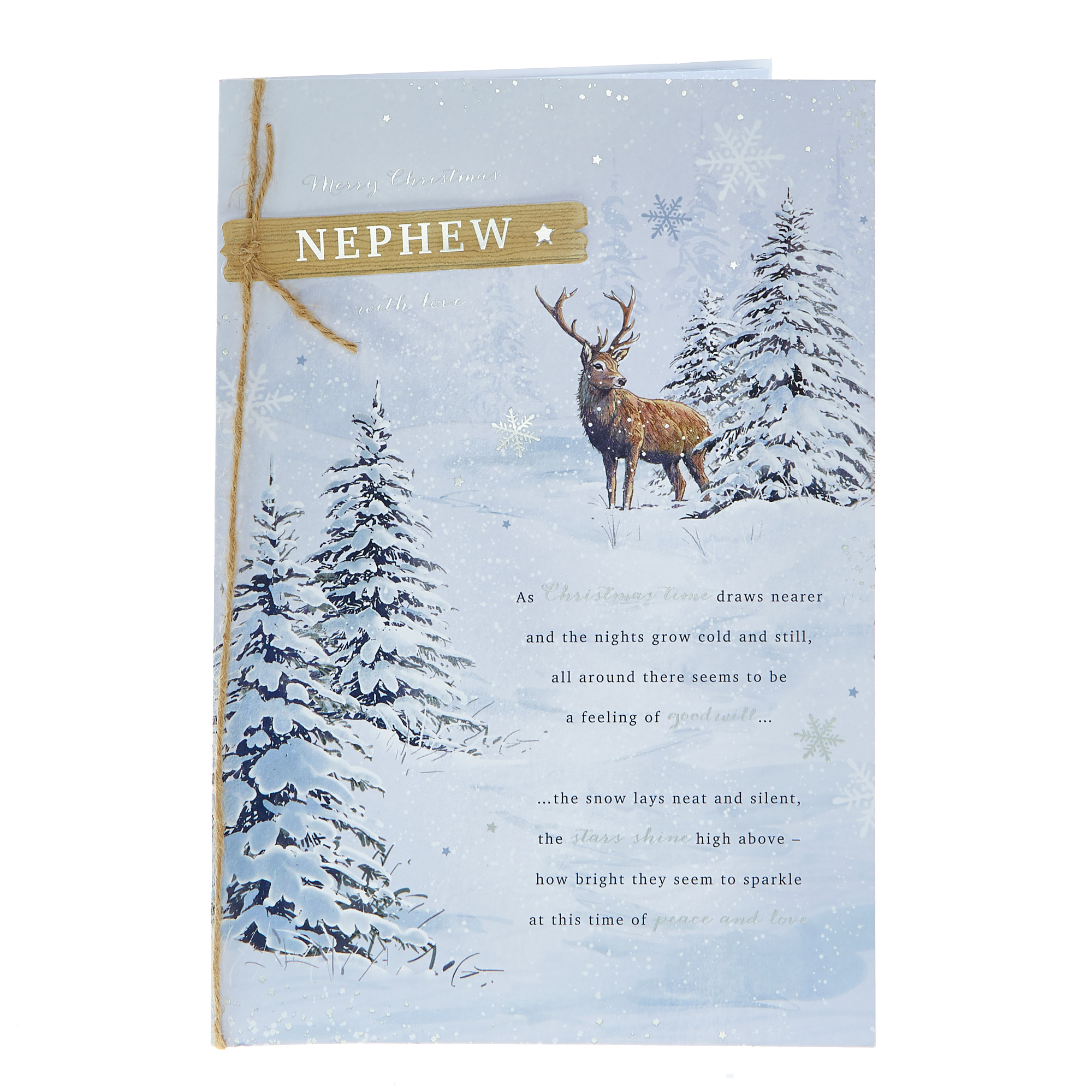 Christmas Card - Nephew, Traditional Stag And Trees