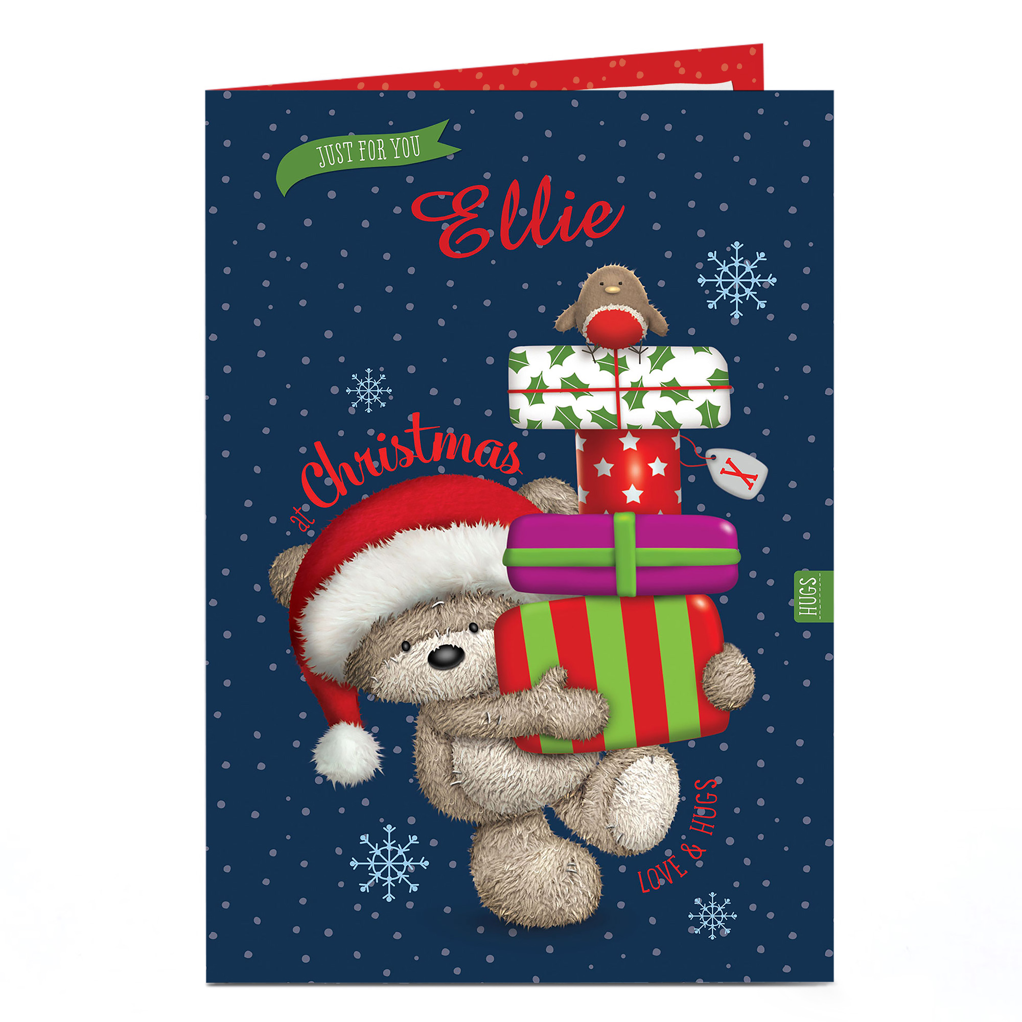 Personalised Hugs Bear Christmas Card - Stack of Gifts
