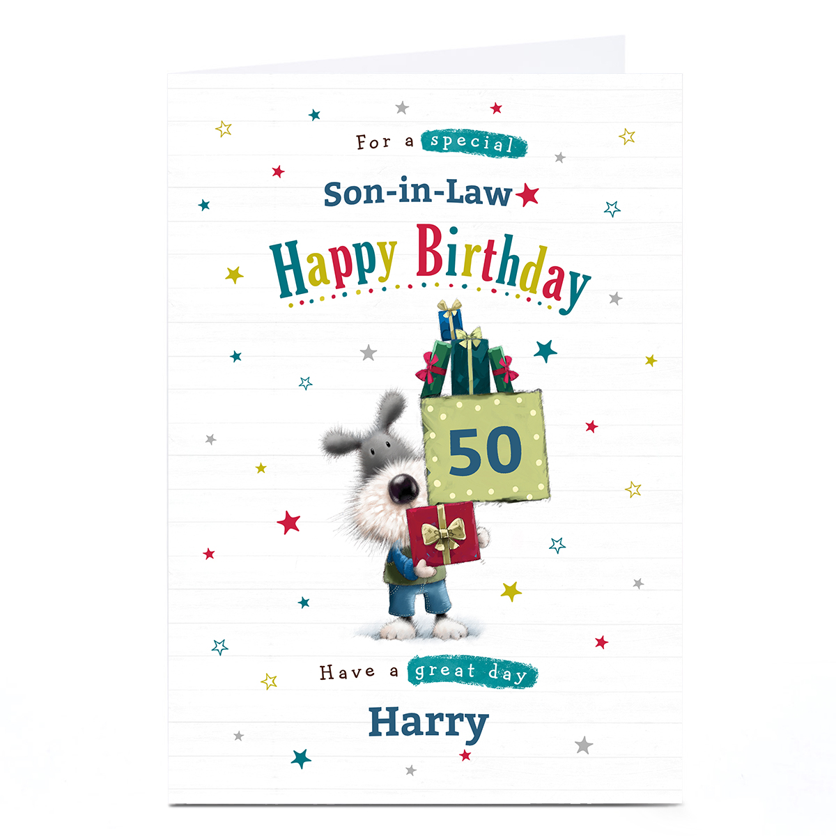 Personalised Birthday Card - Dog with Presents, Son-in-Law, Editable Age