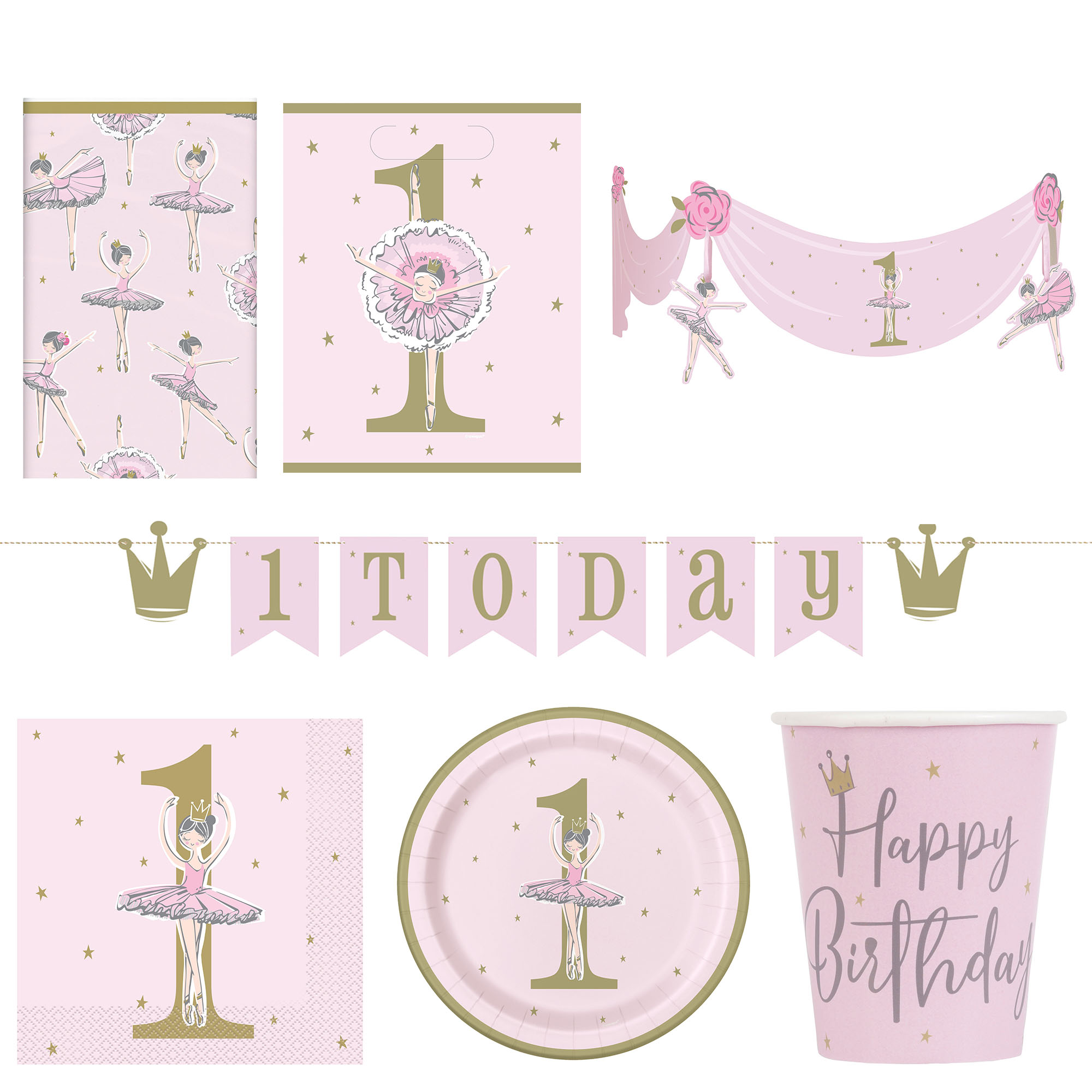 Ballerina 1st Birthday Party Tableware & Decorations - 16 Guests