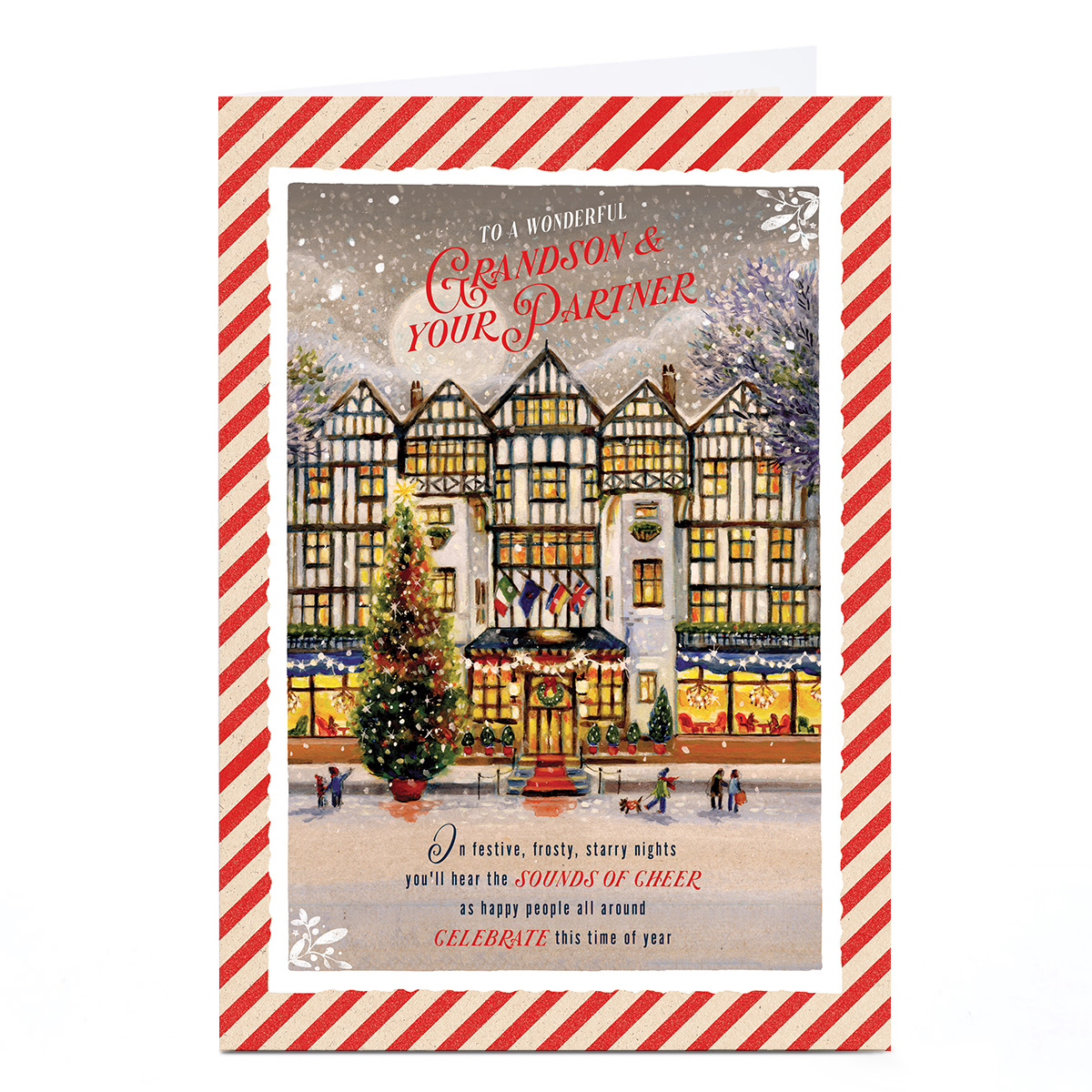 Christmas Card - Snowy Shops, Grandson & Your Partner