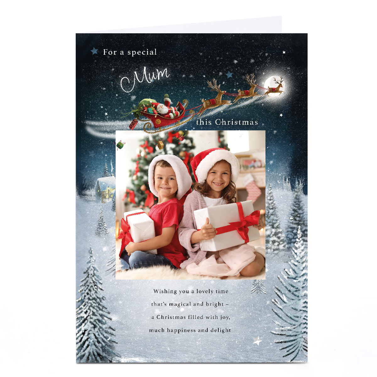 Photo Christmas Card - Santa's Sleigh over Snowy Town, Mum