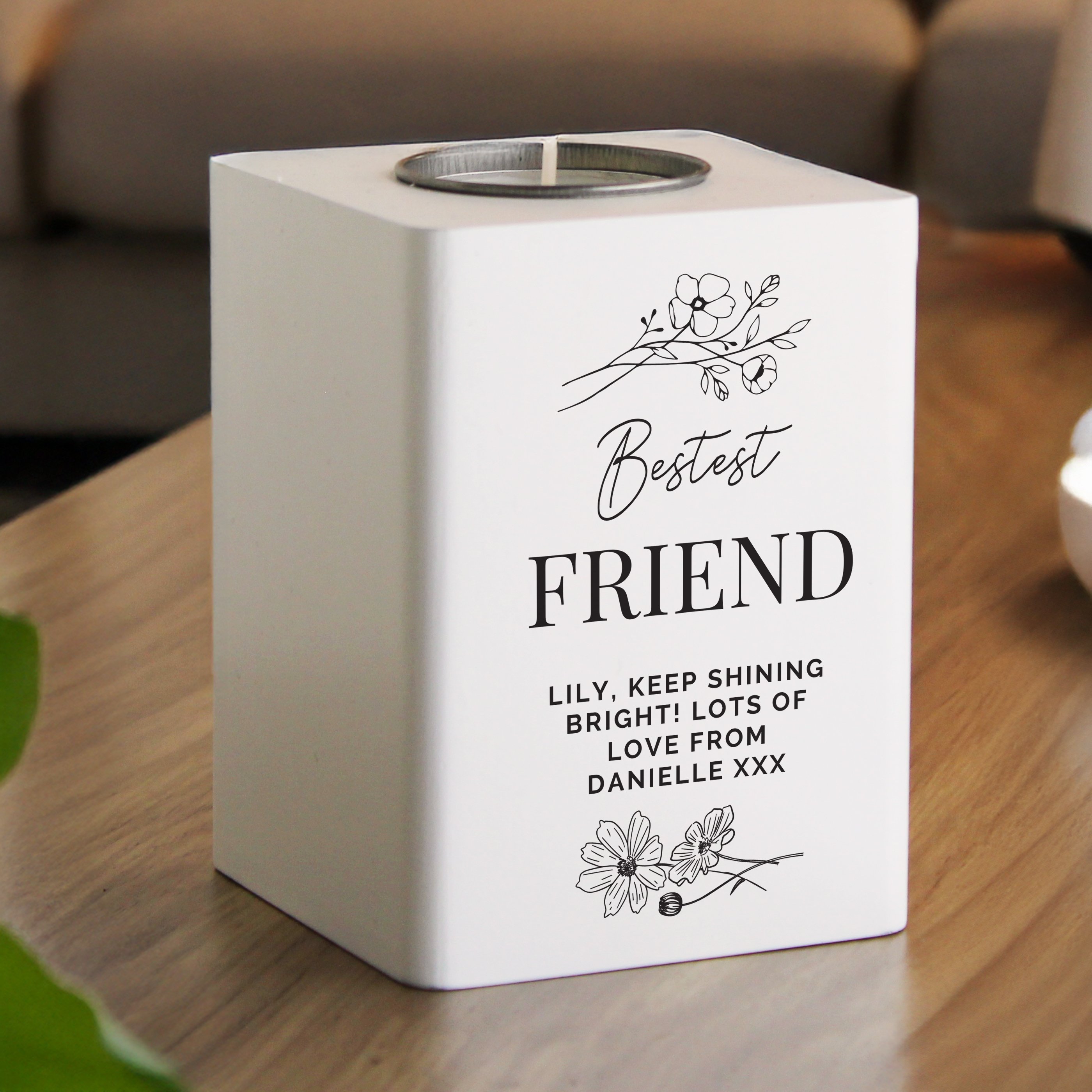 Personalised Floral White Wooden Tea light Holder