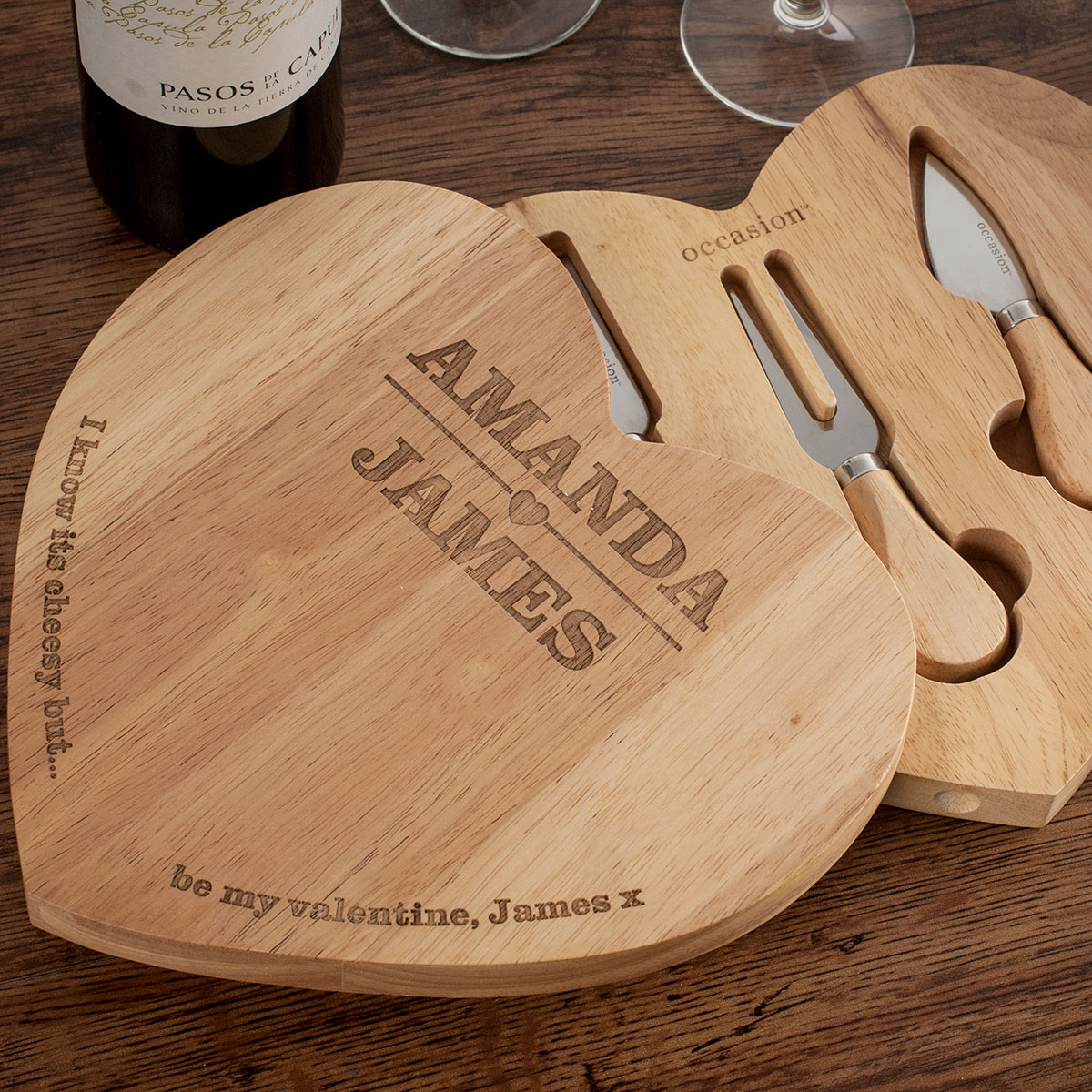 Personalised Engraved Heart Shaped Wooden Cheeseboard Set - Couples