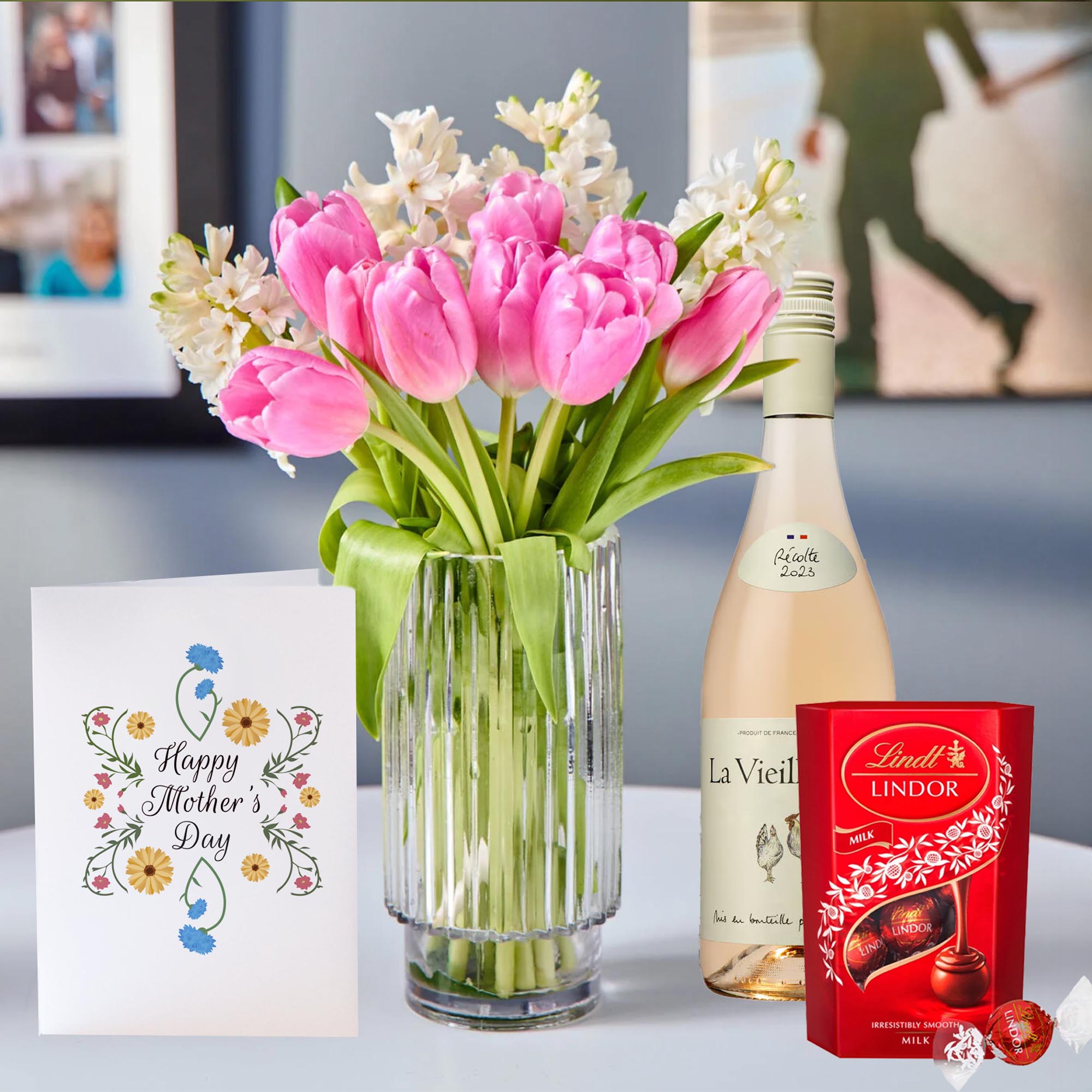 Blossoming Gifts Hyacinths & Tulips, Lindor Truffles, Rose Wine & Mother's Day Card - Free Delivery!