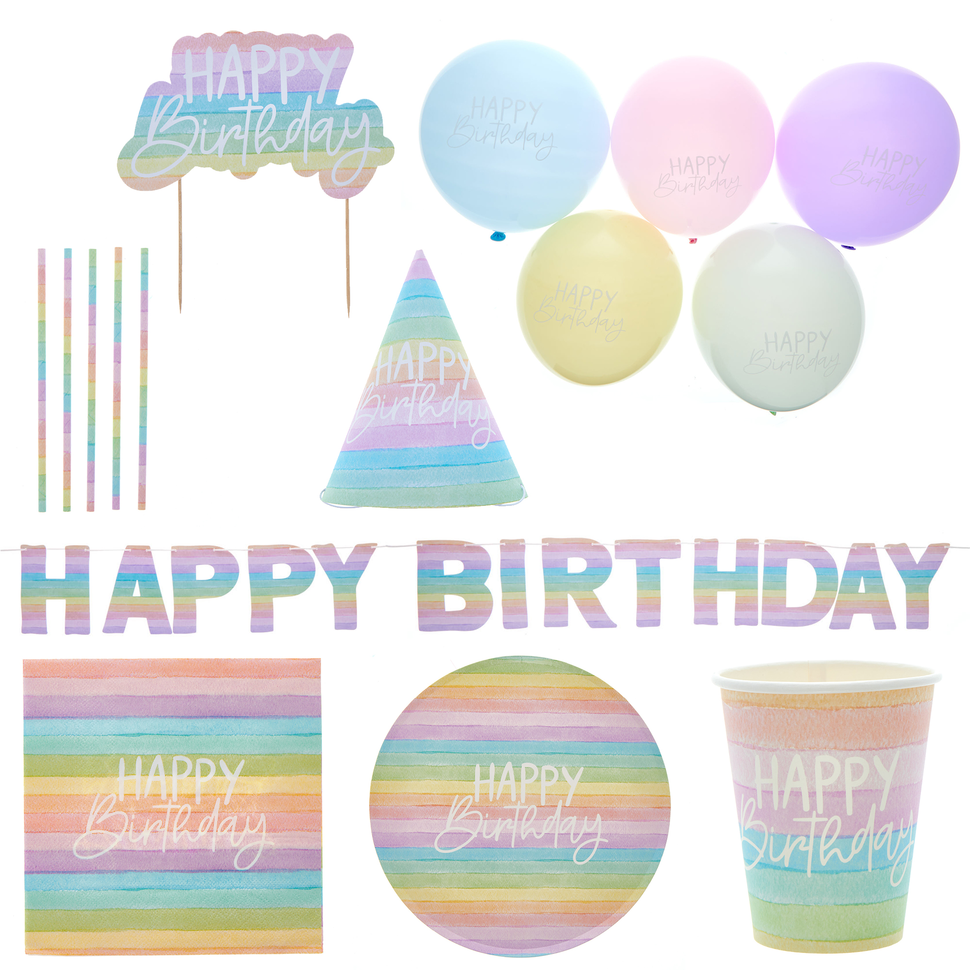 Rainbow Birthday Party Tableware & Decorations Bundle - 8 Guests