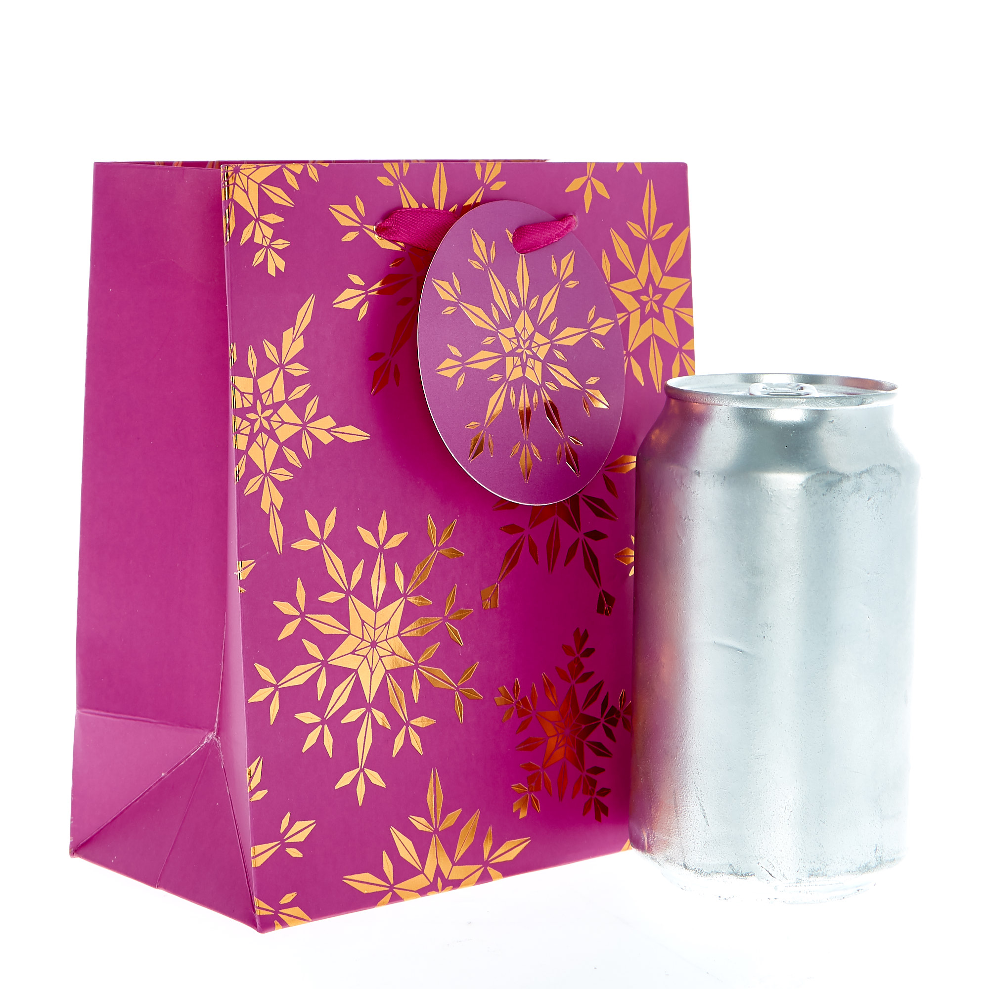 Small Portrait Pink & Bronze Snowflakes Christmas Gift Bag