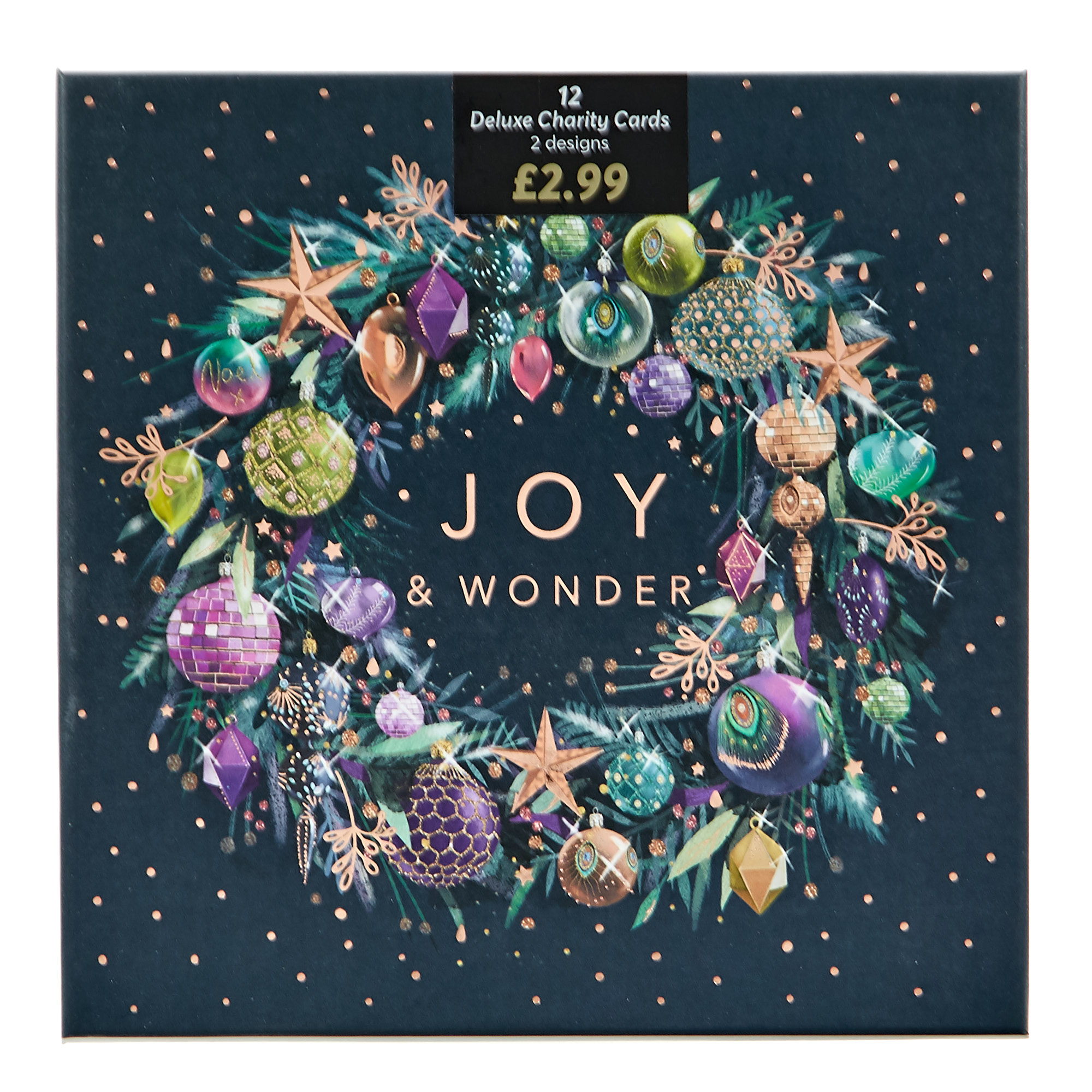 Box of 12 Deluxe Wreath & Baubles Charity Christmas Cards - 2 Designs 