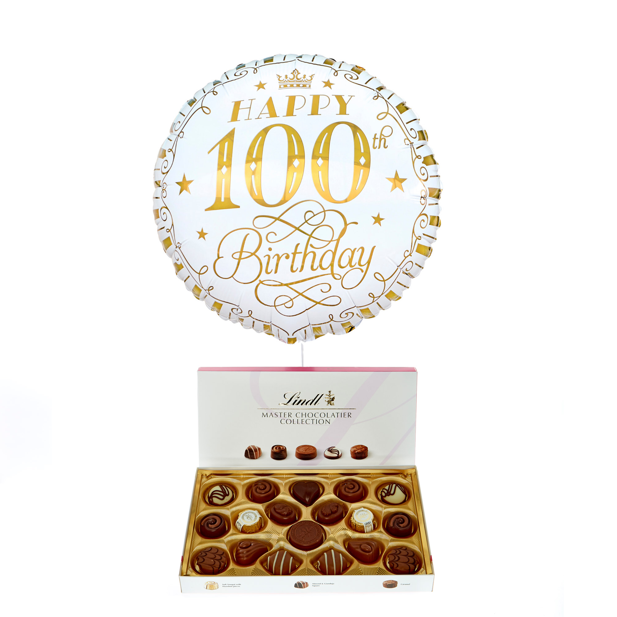 White & Gold 100th Birthday Balloon & Lindt Chocolates - FREE GIFT CARD!