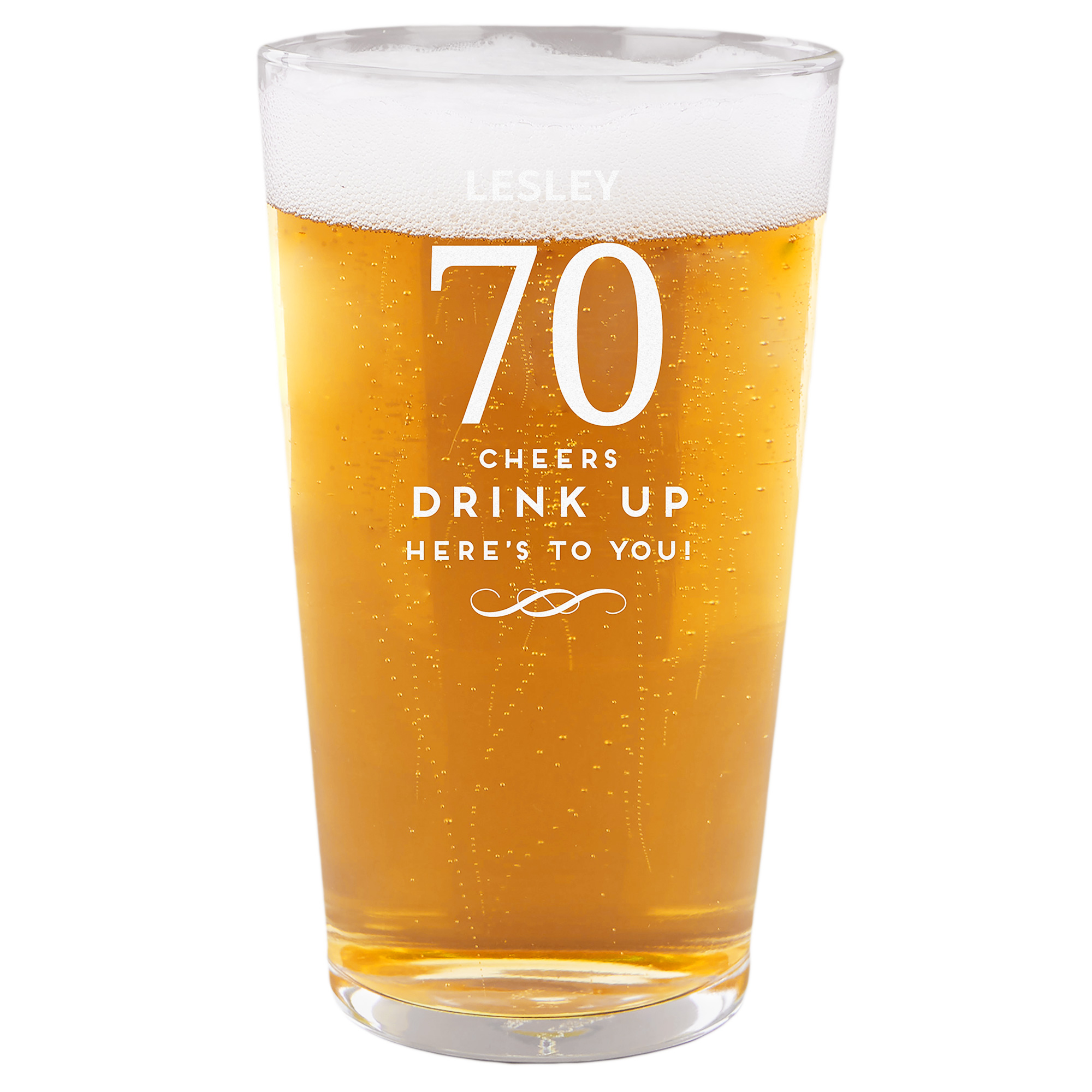 Personalised 70th Birthday Pint Glass - Cheers, Drink Up! 