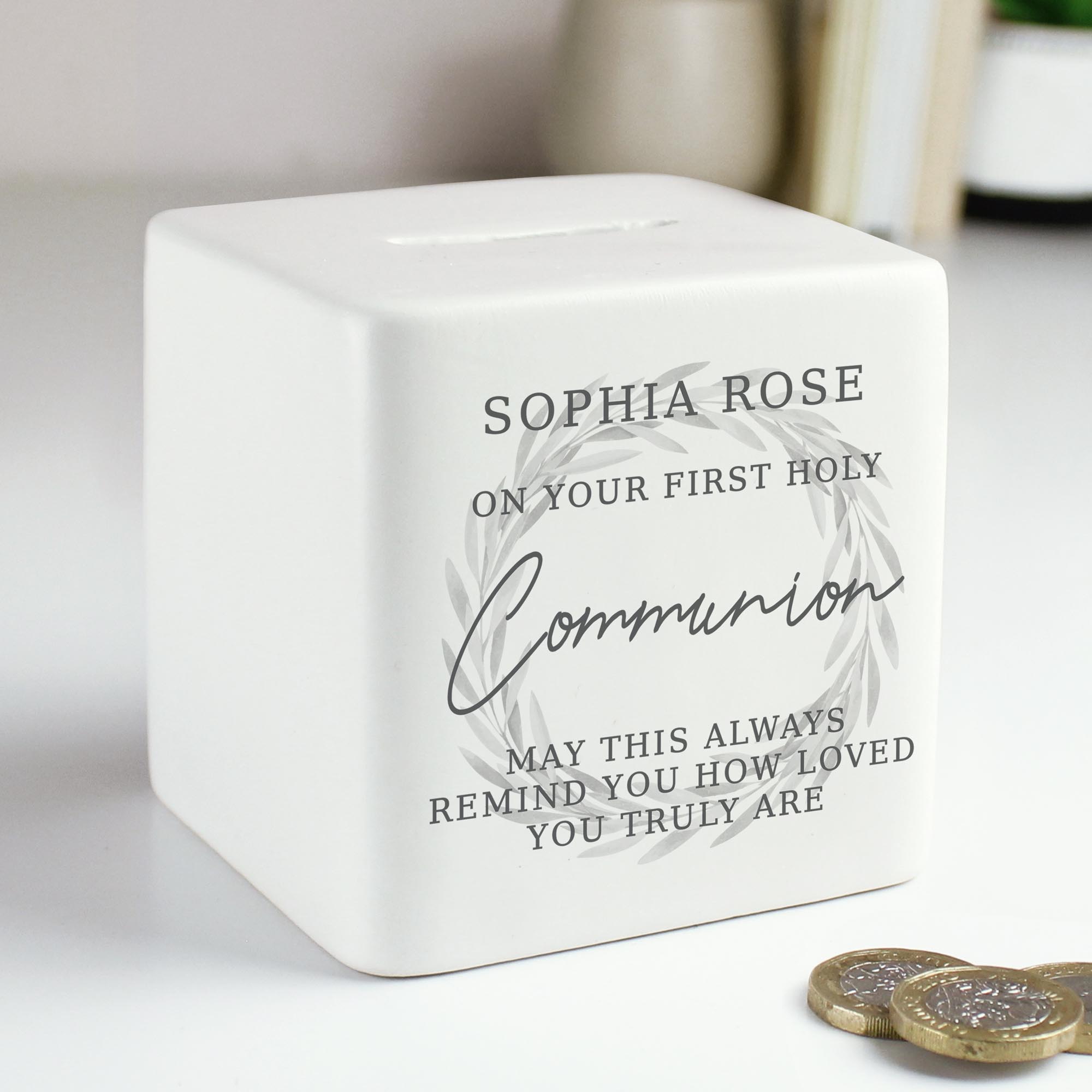 Personalised Wreath Ceramic Square Money Box