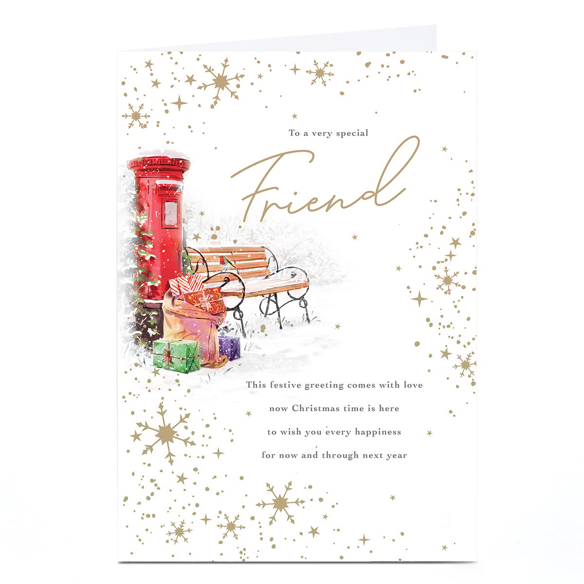 Personalised Christmas Card - Postbox Bench and Presents, Friend